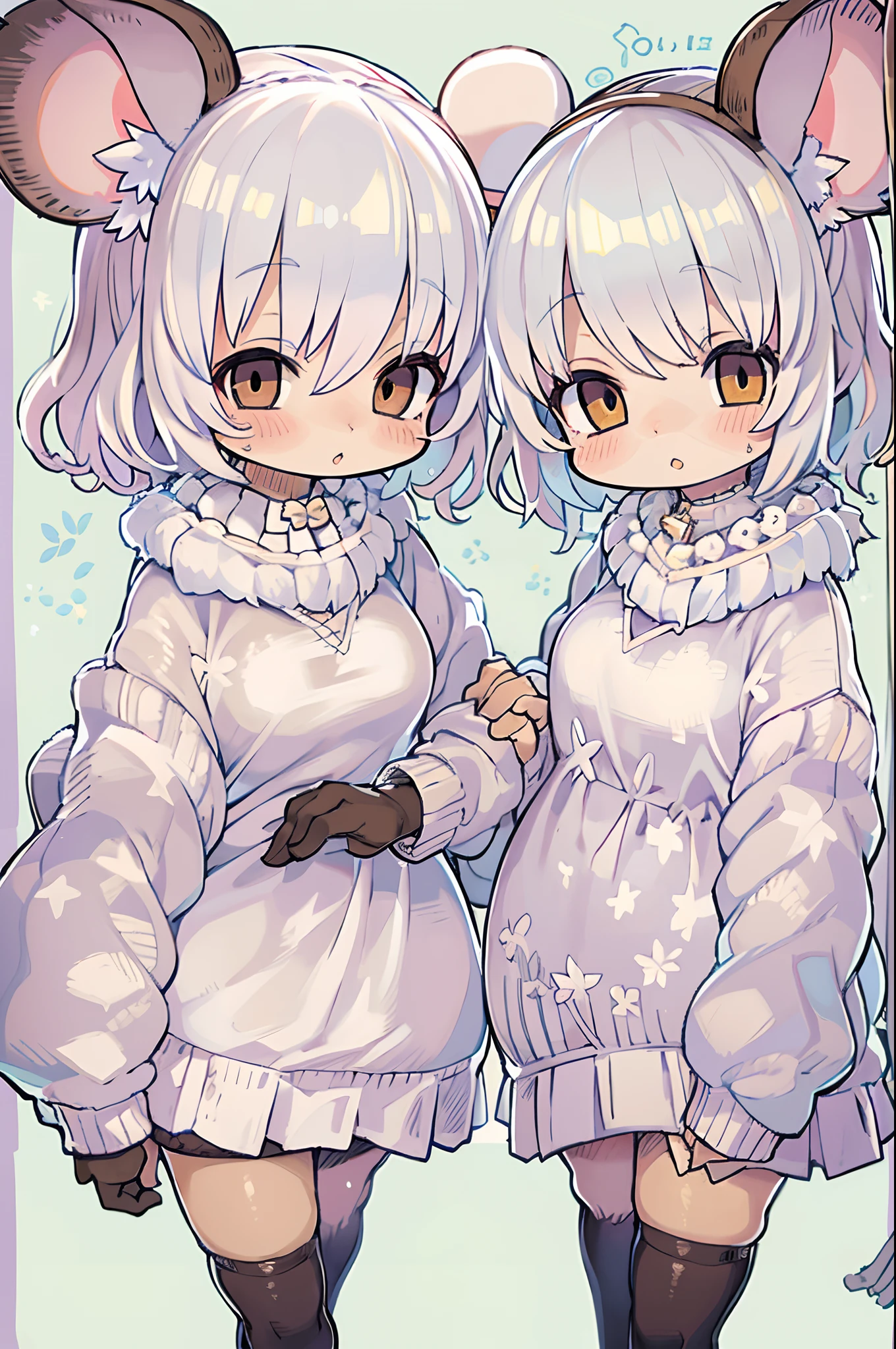 twins, Mouse Girls, short fluffy white hair, Big round mouse ears, White sweater, Holding hands, ((dark brown eyes)), a couple, Beautiful, Glossy lips, Detailed eyes,chibi