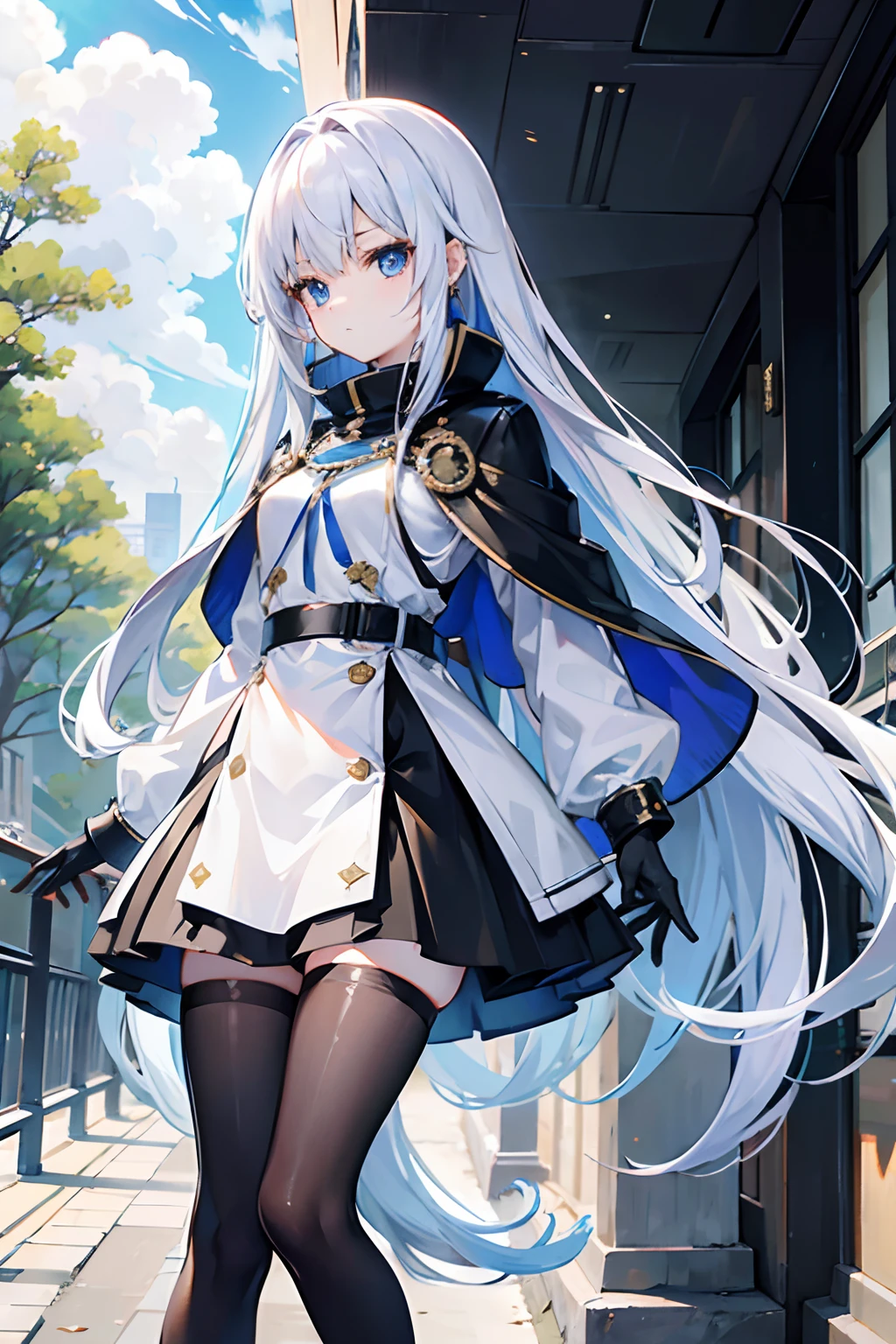 masutepiece、top-quality、ultra-detailliert、Unreal、absurderes、One lady、A slender、cool、white long hair、The girl's hair is much longer than her height、Hair long enough to walk and drag、Blue eyes、flat chest、Military Uniform、Thick long black skirt、Black tights、white glove、black cloak、Have a rifle of comparable length to her height、Cone
