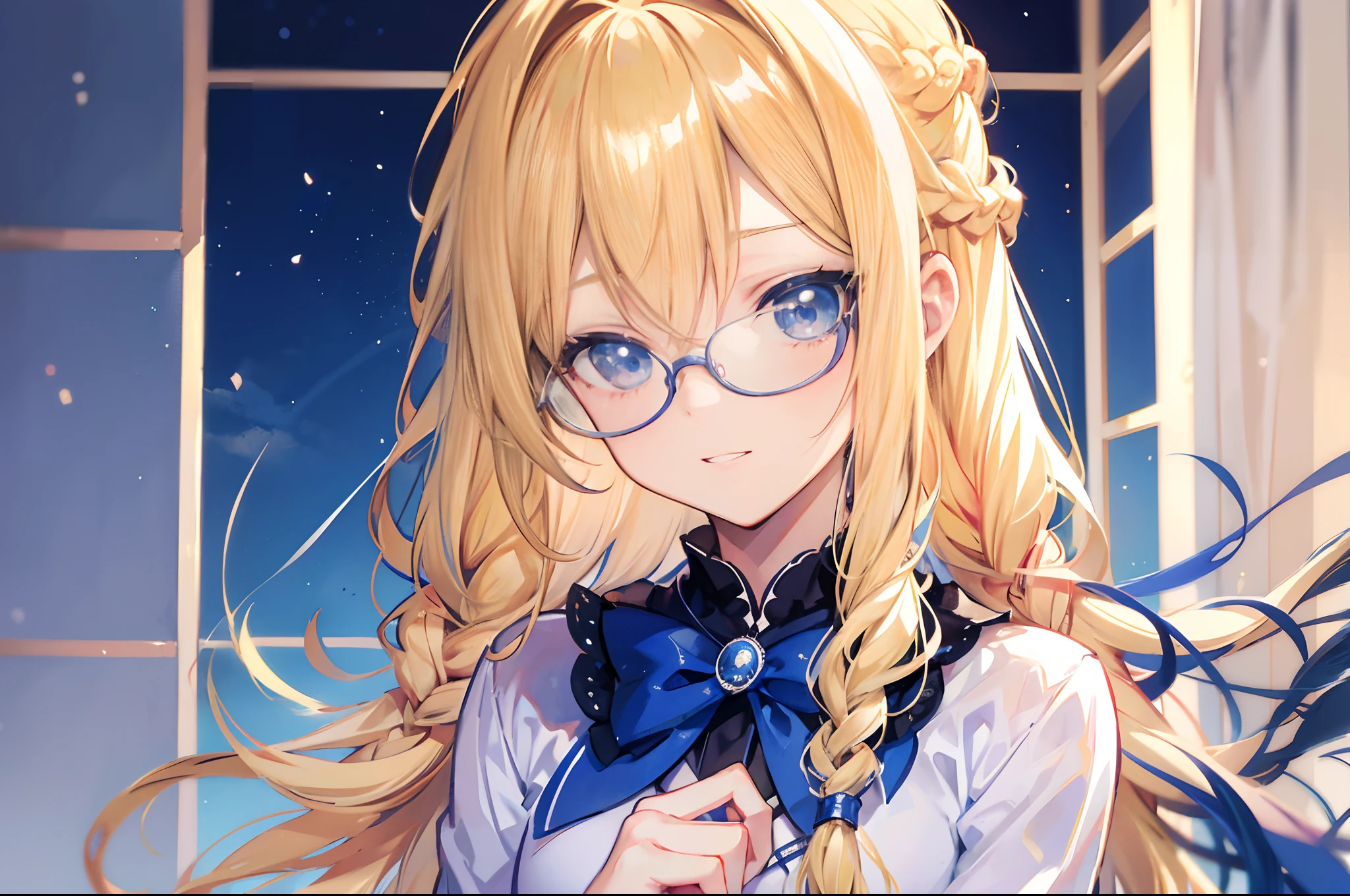 Beautiful long blonde hair,Bright blue eyes,detailed face,Shy Expression,18 year old girl,pajama,Left Braid,eyeglasses,Shy face