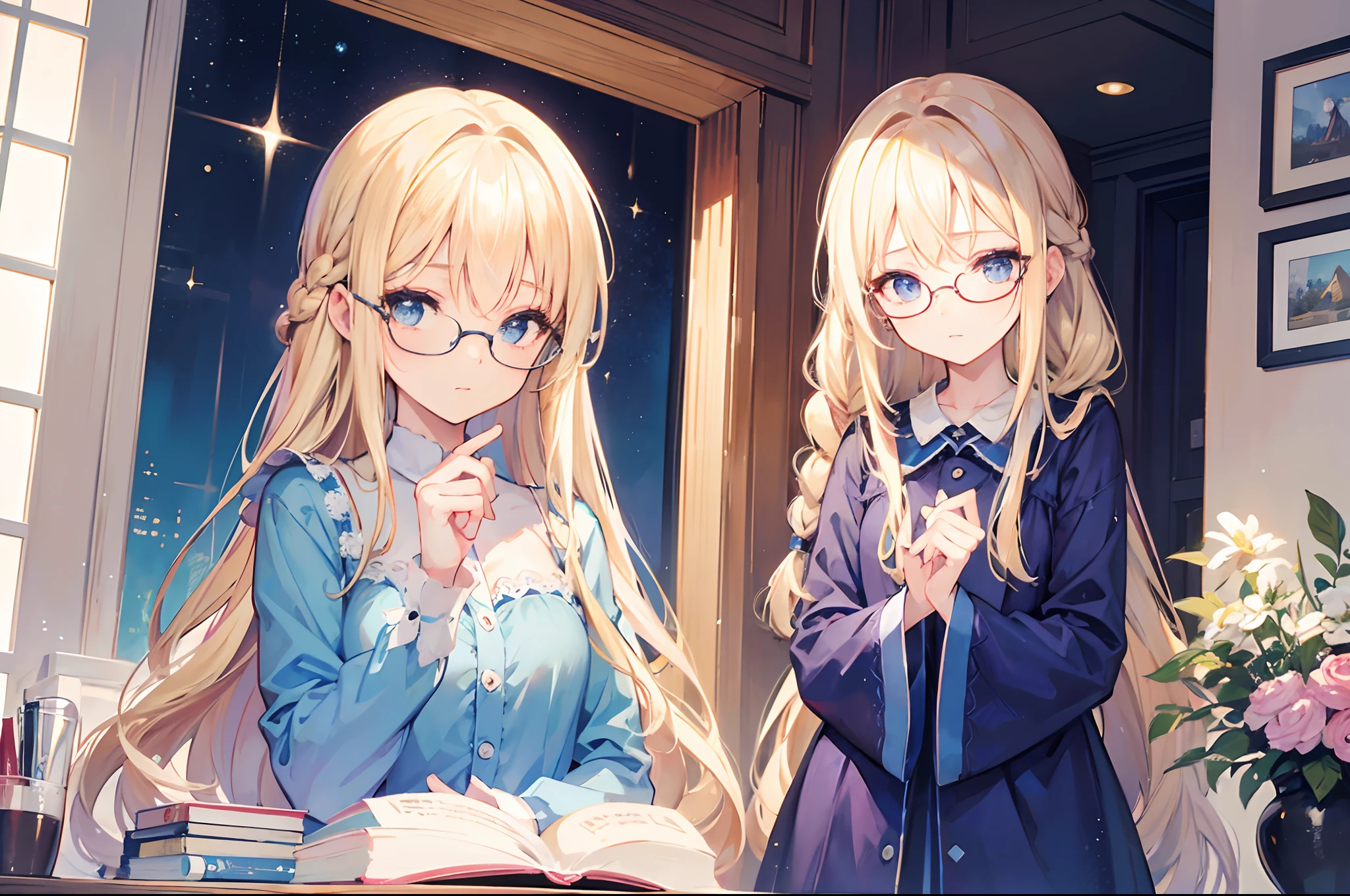 Beautiful long blonde hair,Bright blue eyes,detailed face,Shy Expression,18 year old girl,pajama,Left Braid,eyeglasses,Shy face