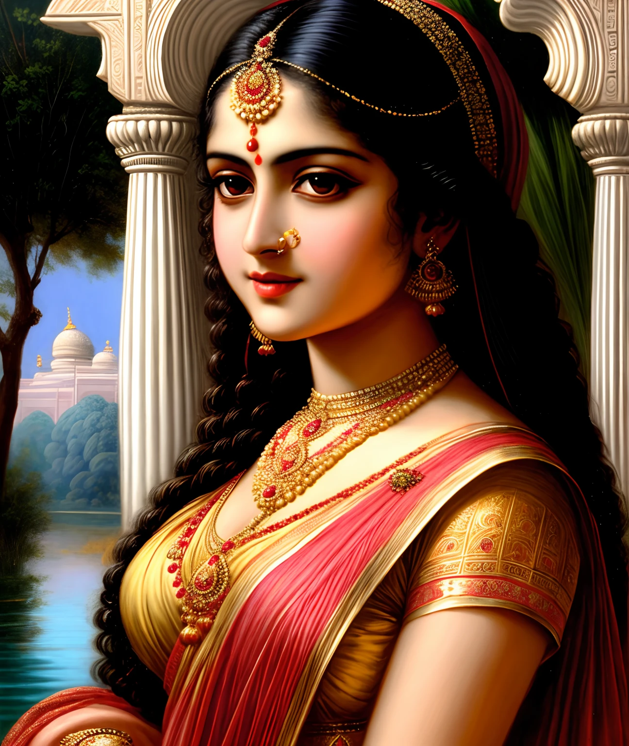 Beautiful face, detailed eyes, inspired by europian baroque style art, 19th century Art, realism, intricate, sharp details, painting of a woman in a sari bathing in a Royal pond, traditional beauty, portrait of a beautiful goddess, indian goddess, inspired by Raja Ravi Varma, indian art, beautiful goddess, painting of beautiful, beautiful character painting, a stunning portrait of a goddess, beautiful maiden, gorgeous woman, godess, by Raja Ravi Varma, inspired by T. K. Padmini,