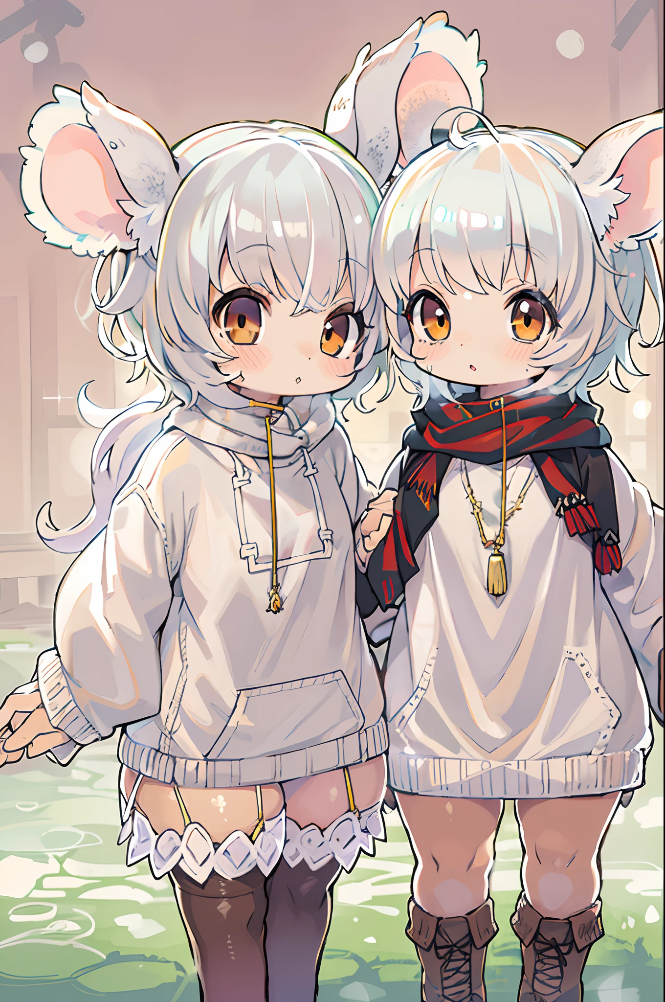 twins, Mouse Girls, short fluffy white hair, Big round mouse ears, White sweater, Holding hands, ((dark brown eyes)), a couple, Beautiful, Glossy lips, Detailed eyes,chibi