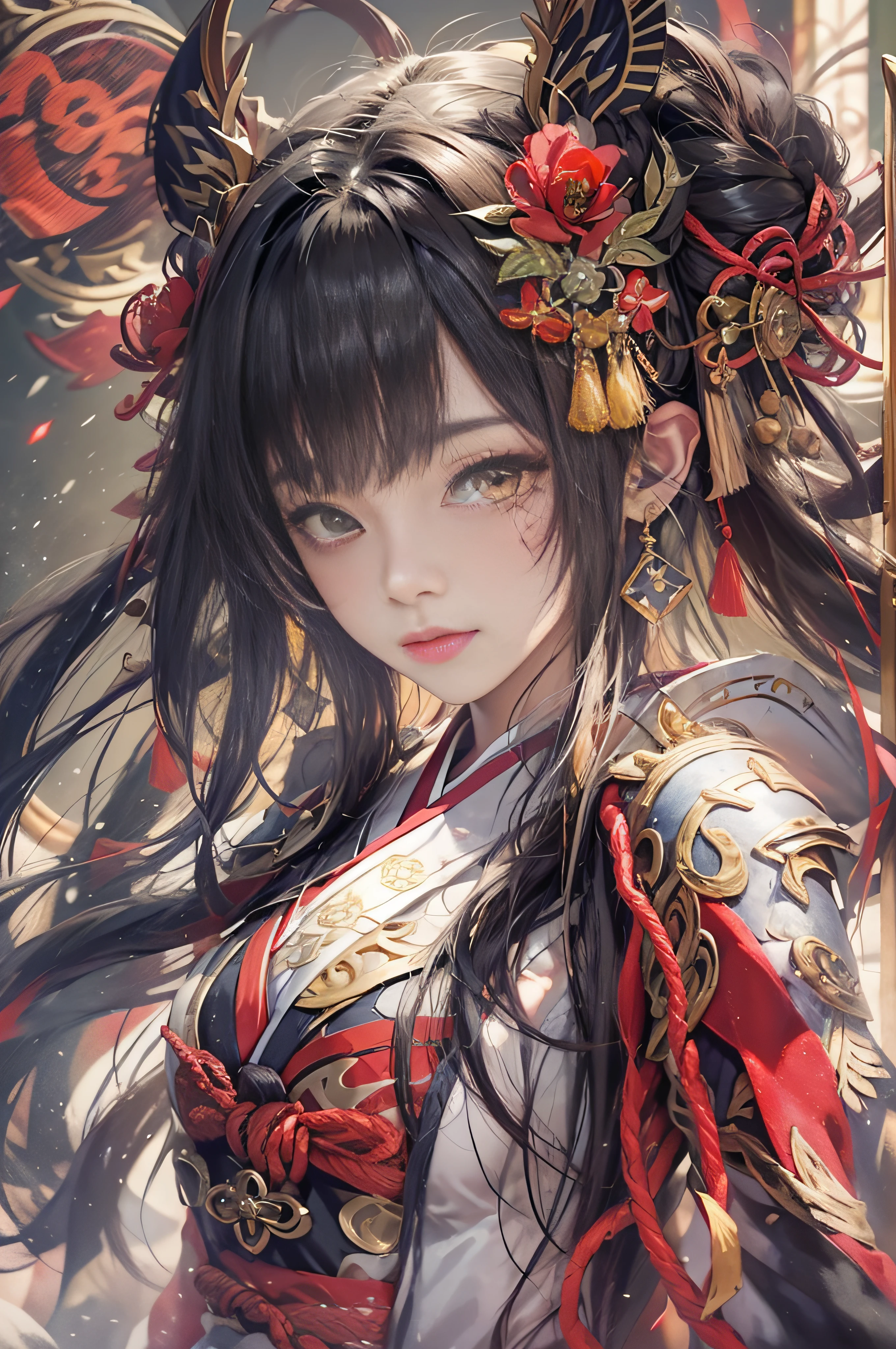 masutepiece, Best Quality,Unity 8k壁纸, ultra-detailliert, Beautiful and aesthetic, Beautiful, Official art, Amaterasu Priestess,, Spell of Darkness, Blessing of the Goddess, divine intervention,The Darkness、Black kimono、Colossal tits、Black hair, Yellow eyes, Long hair, armor, gloves,Hair Ornament, earrings, Red rope,pelvis curtain, Sandals, elbow groves,Thigh Boot Helmet,Pants, Taiko knot,facial mark、Be sure to wear a kimono、I-Cup、The face is beautiful,A bell hangs on his chest
