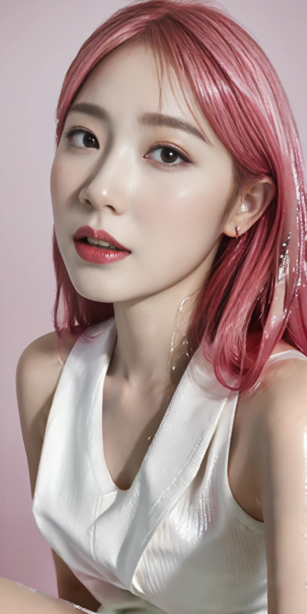 masterpiece,best quality,photo realistic,asda,face,1girl,head,thick lips, pink hair,sitting ,wet,shiny skin, mix4,