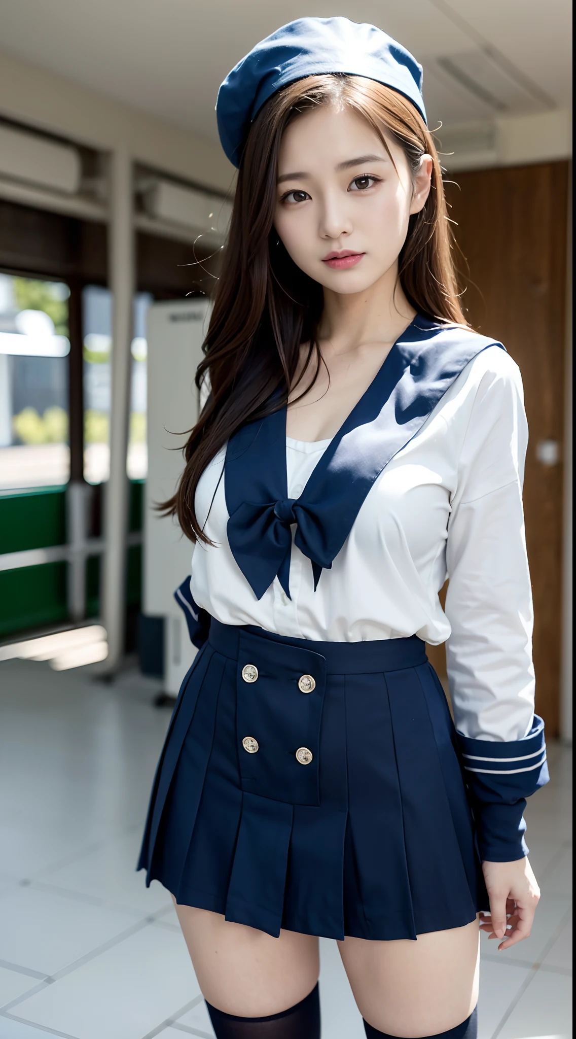 mix4, (16 K, Raw photography, Top image quality, ​masterpiece: 1.45), (realisitic, Photorealsitic: 1.37), one girls, 7．5, etc、Random hairstyle、Standing figure，Daytime、a very cute,Station platform,, profetional lighting, photon maping、physically-based renderingt, Gradient dark brown hair,Crisp backgrounds and high resolution, a handsome, Well-groomed and beautiful eyes、Large double eyelids、Very shiny、girl with, (((student clothes、Winter clothes、Sailor suit worn by Japan girl、Navy blue sailor color、scarf、a miniskirt, Small beret、high socks、lowfers、Frugal bag))), Top Quality Photos, hight resolution, 1080p, (clearface), (Detailed face description), (Detailed hand description), (​masterpiece), (Exquisite CG)、extreme light and shadows、dishevled hair、master work、abundant detail、(Fine facial features)、(top quality photo)、(masuter piece)、(A detailed eye)、Look in front of you、Fine clavicle、((Slender big))、(((Japan schooln sailor suit)))、((Idle system))、((Station platform、wicket、train track、railroad crossing))、(((neat and cute)))、耳Nipple Ring、A big smile、Drawing the whole body from the knees、Do not draw nasolabial folds、(((Long sleeve sailor suit)))、(Big breasts that hang down big:1.2)、Big buttocks with tension、Two arms and two legs、(((from the front side:0.3)))、bare hand、No mask、No skin exposure