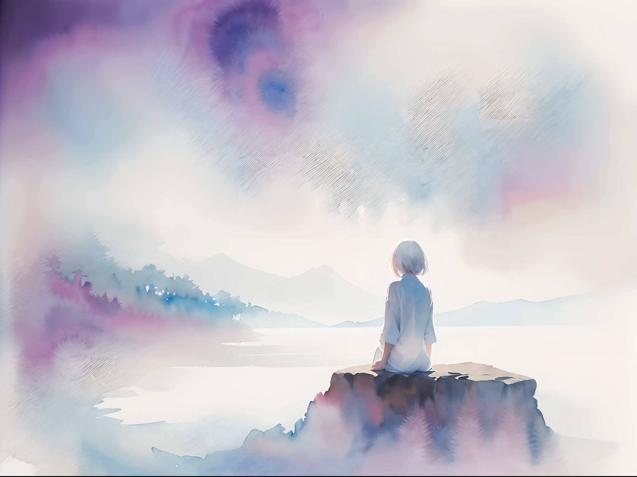 dreamy watercolor,　Full body like、 ((Woman in her 30s with cold eyes Japan : 1.7))、((Cold eyes with single eyelids、Staring into the distance)),  lazy look、white  hair, dynamic compositions、solitude、Simple clothes、Backgrounds with depth are abstract、Foggy space, Bokeh, Foggy,  Dutch Angle, afterimage,   negative space, minimalism,(Anatomically correct number and shape of fingers), Cinematic scene, Depression, Beautiful watercolor portrait, Abstract background, Watercolor portrait, solitude、Krenz Kchart Style,