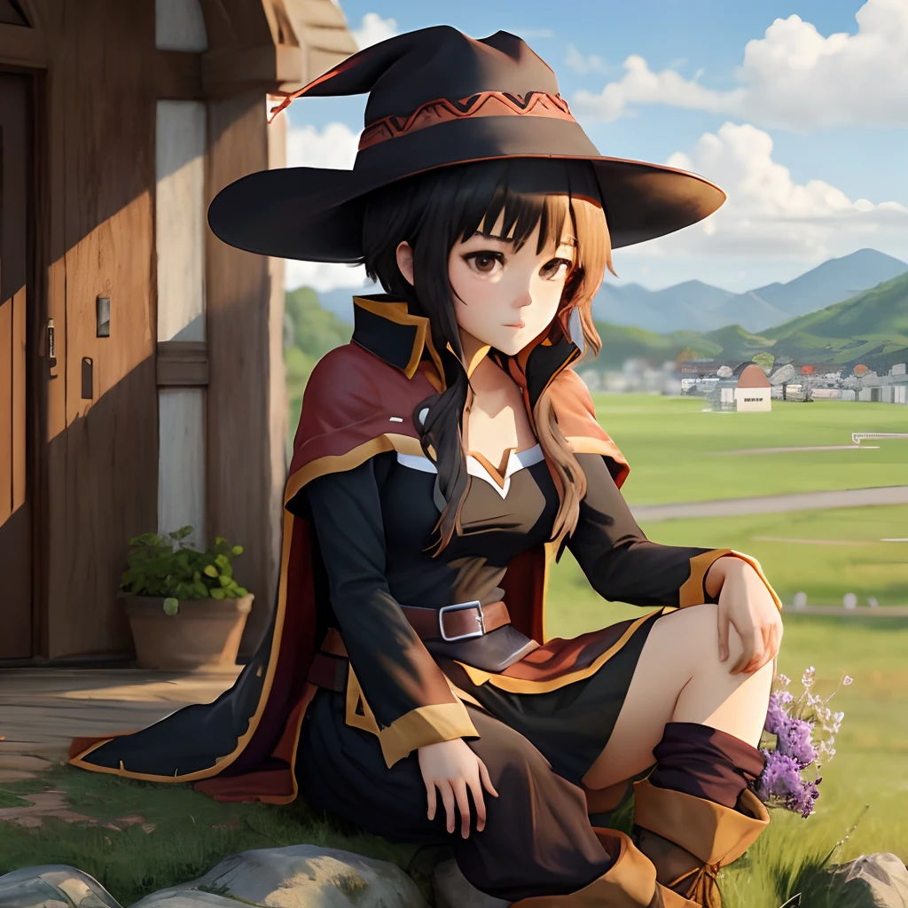 realistic photo of a 1girls,  megumin, squatting, legs spread, witch hat, by Jeremy Lipking, by William Bouguereau, (by Alphonse Mucha:0.5), by koohiitei shinbo   <lora:my_LoRA_koohiiteishinbo_v1:0.35>