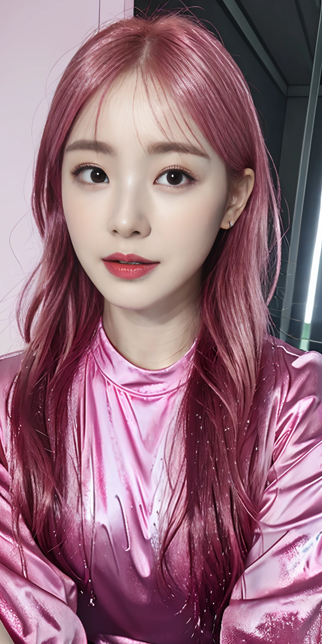 masterpiece,best quality,photo realistic,asda,face,1girl,head,thick lips, pink hair,sitting ,wet,shiny skin, mix4,