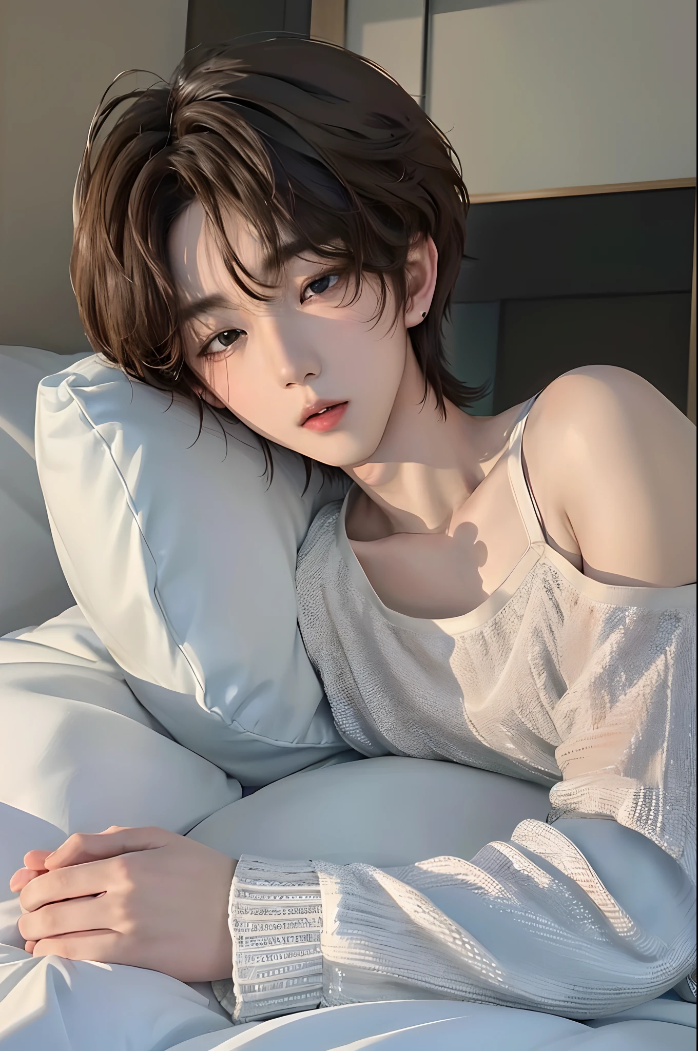 masterpiece、top-quality)、One Manly Boy、Slim body、((Black and white plain clothes:1.1))、(Detailed beautiful eyes)、Photo session in the bedroom、Face similar to Chaewon in Le Selefim、((short hair above the ears))、((Smaller face))、((Neutral face))、((Light brown eyes))、((Korean boy))、((18year old))、((Handsome man))、((Wild look))、((Korean Makeup))、((elongated and sharp eyes))、((Happy dating))、((Sleeping on a futon))、((Looking Up))、((shot from front))