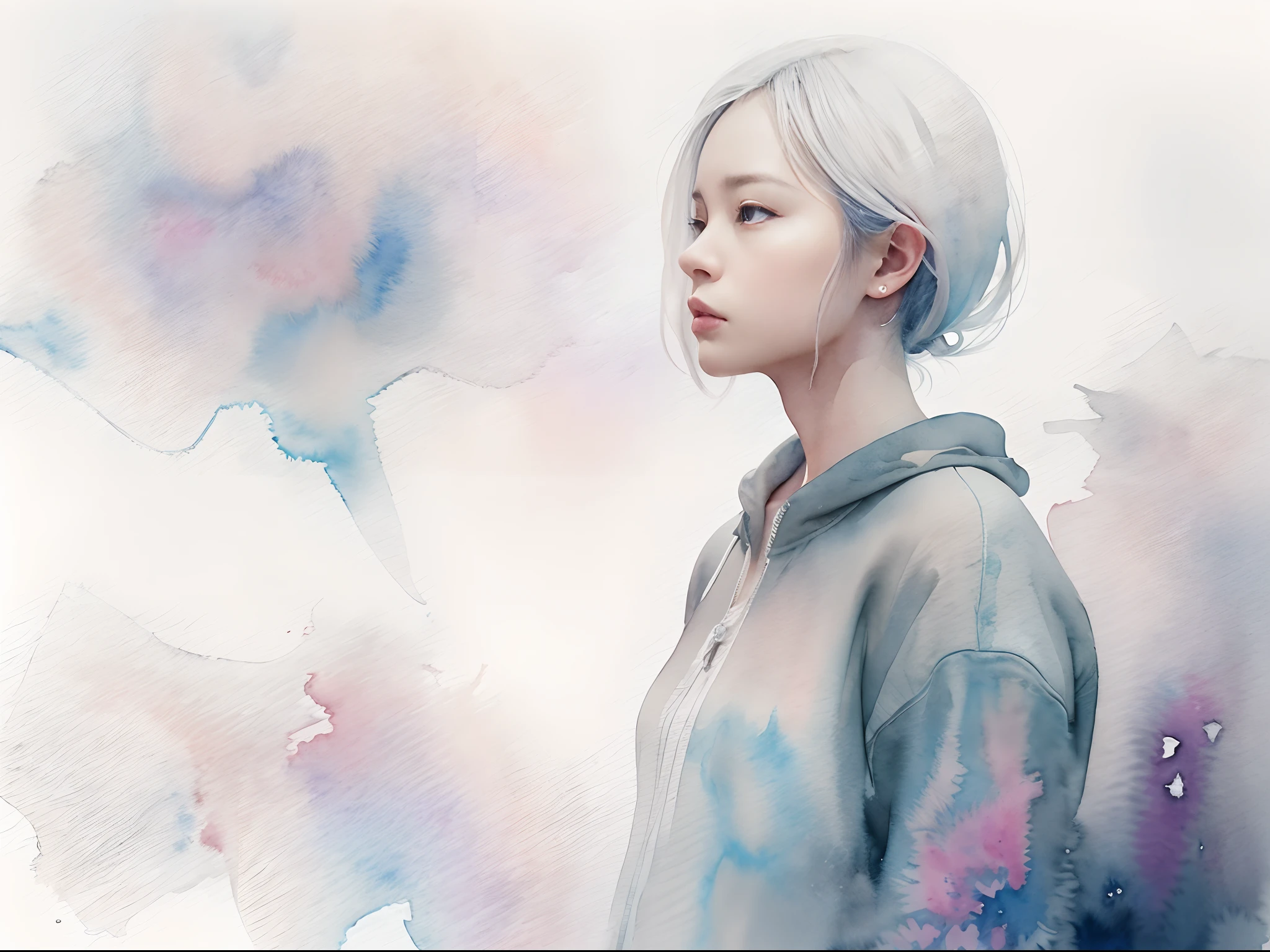 dreamy watercolor,　Full body like、 ((Woman in her 30s with cold eyes Japan : 1.7))、((Cold eyes with single eyelids、Staring into the distance)),  lazy look、white  hair, dynamic compositions、solitude、Simple clothes、Backgrounds with depth are abstract、Foggy space, Bokeh, Foggy,  Dutch Angle, afterimage,   negative space, minimalism,(Anatomically correct number and shape of fingers), Cinematic scene, Depression, Beautiful watercolor portrait, Abstract background, Watercolor portrait, solitude、Krenz Kchart Style,