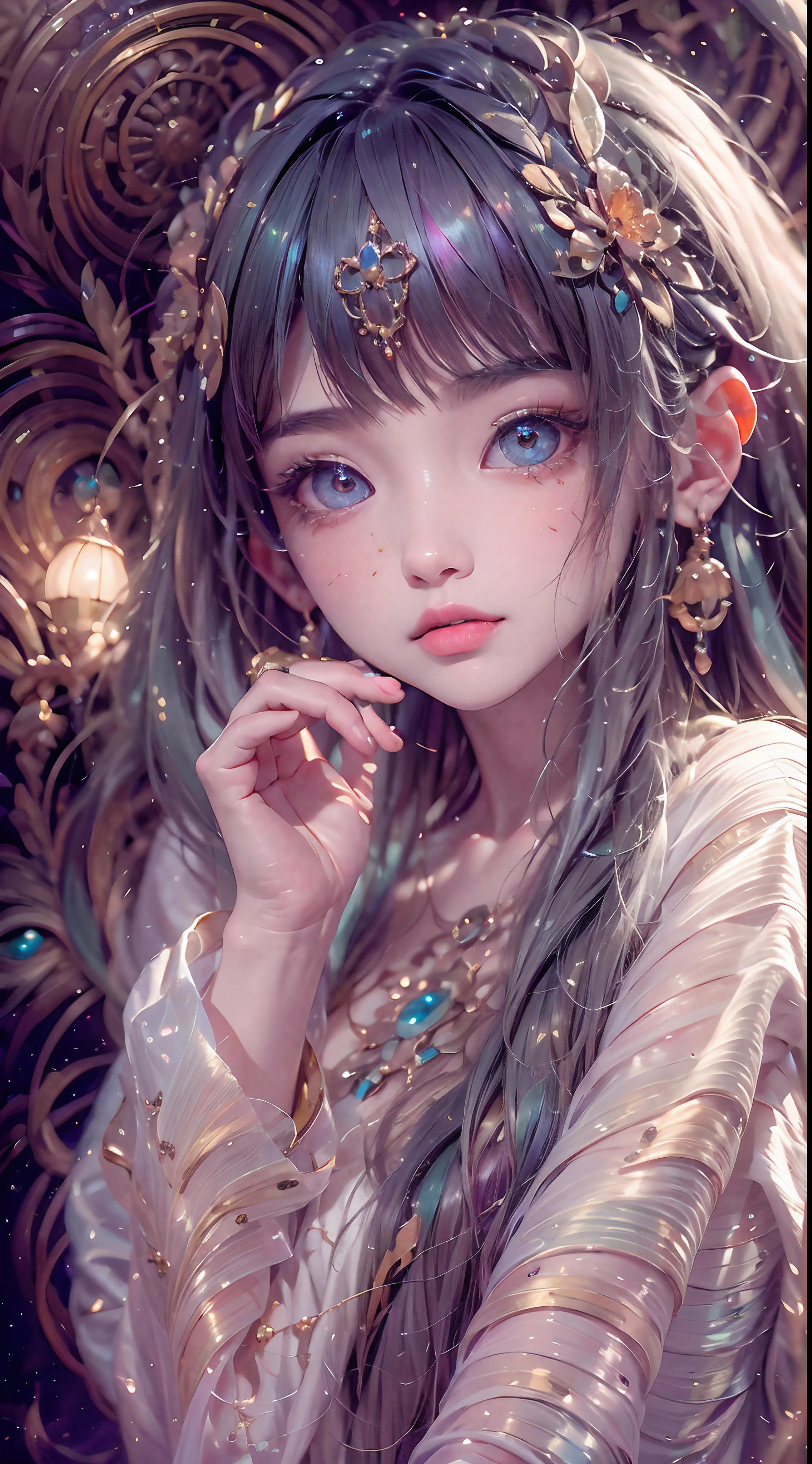 1girll,(enchanced quality:1.4),(Top quality true texture skin), Delicate face,Black hair, Gradient hair,Oversized bust, There are precious stones on the forehead, largeeyes,Wide eyes,(Eye focus),sface focus,Cosmic eyes,Space eyes,Sparkling pupils,long eyelasher,grin, hyper photorealism, Cinematic lighting, projected inset, surrealism, hyper HD, Masterpiece, 16k,Lie down,dream on,Wear transparent silk pajamas,Carmelto,Legs slightly open,Tattooed with,Fantasy space,Luxurious space,pureerosface_v1,ulzzang-6500-v1.1,