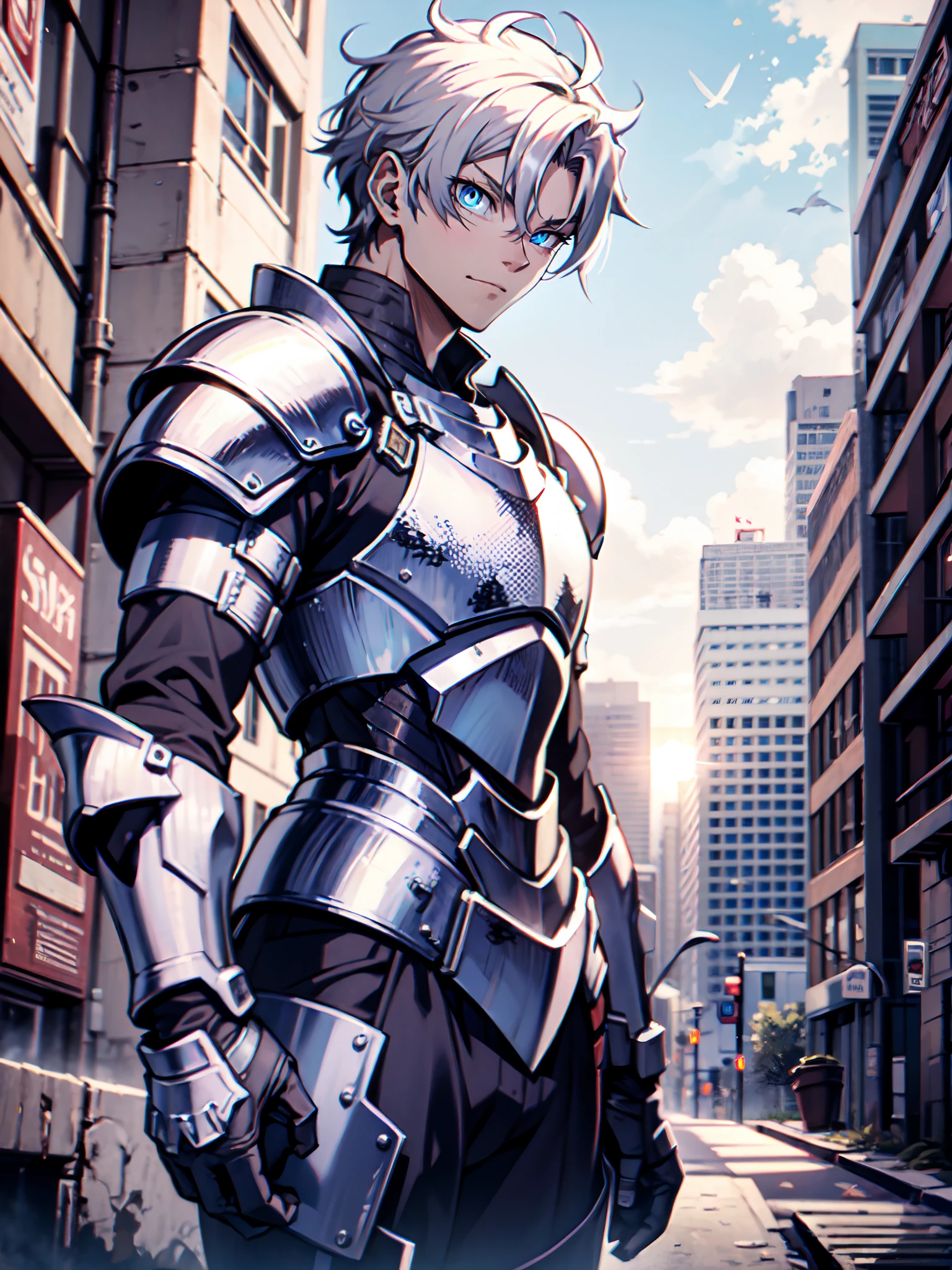 Ultra High Definition, (Ultra High Quality:0.5), Extremely Detailed, Perfectly Detailed, (Masterpiece:0.5), 8k, 1 Boy, knight, Handsome, Armored, blue Eyes, short white hair, urban Background, (solo)