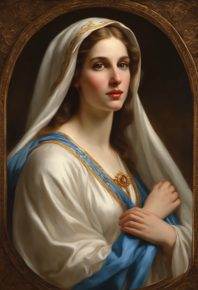 A beautiful, ultra-slim realistic portrait of the Virgin Mary, White outfit with blue details, ((divinity)), corps entier, biblique, Realstic, Intricate details, par Abbott Fuller Graves, Bartolome Esteban Murillo, JC Leyendecker, Craig Mullins, Pierre Paul Rubens, (Caravage), tendance dans ArtStation, 8k, Art conceptuel, Art fantastique, photoreallistic, Realstic, illustration, oil painting, surrealism, Hyperrealistic, brosses, digital art, style, Aquarelle