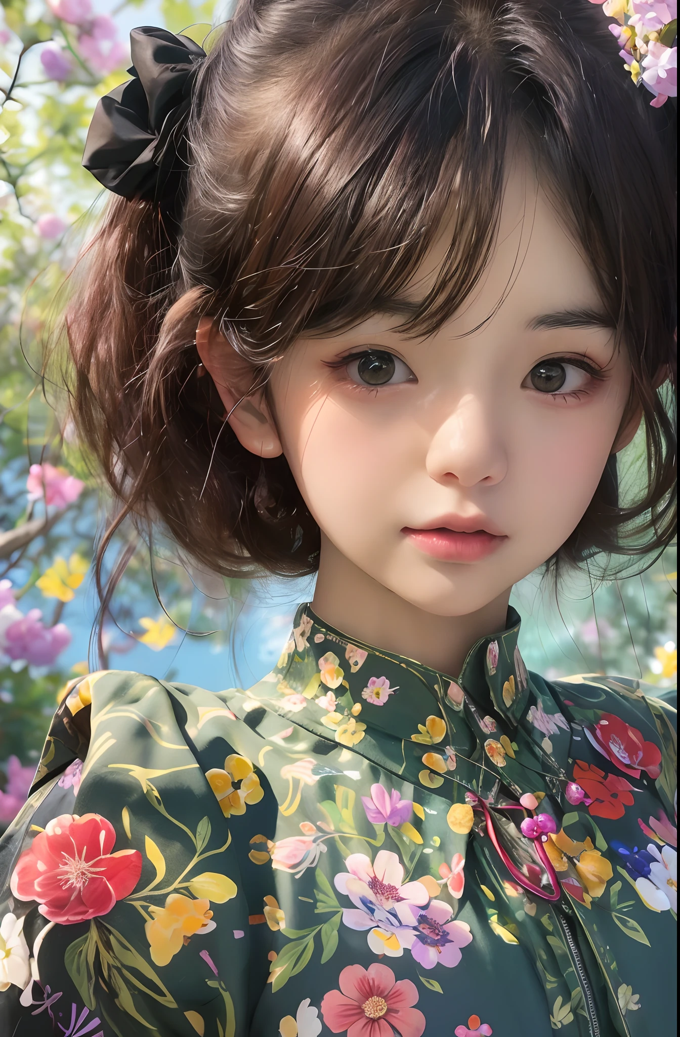 （Need，tmasterpiece），1girll，Pose，Particle，ventania，florals，The upper part of the body，simplebackground，looking at viewert，Focus on the face，The color hair，详细的脸，realisticlying，