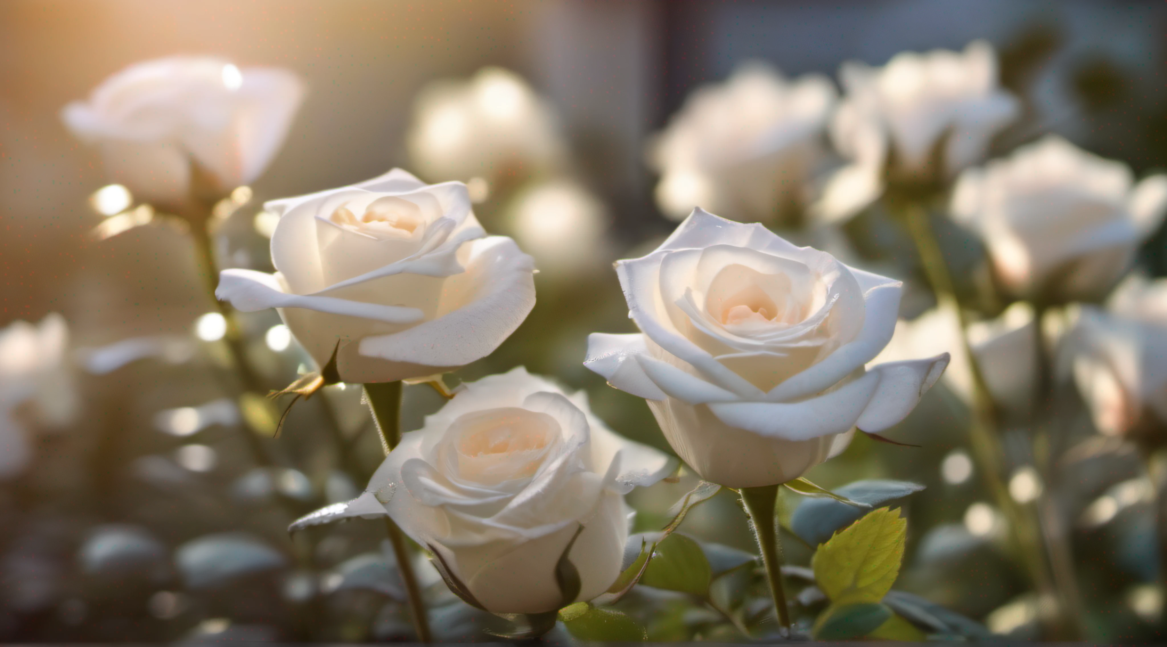 Many white rose flowers in the garden and sunlight with bokeh, dew drops on flower petals (masterpiece, ultra quality, high resolution, 8k, intricate: 1.2), (masterpiece), (best quality:1)