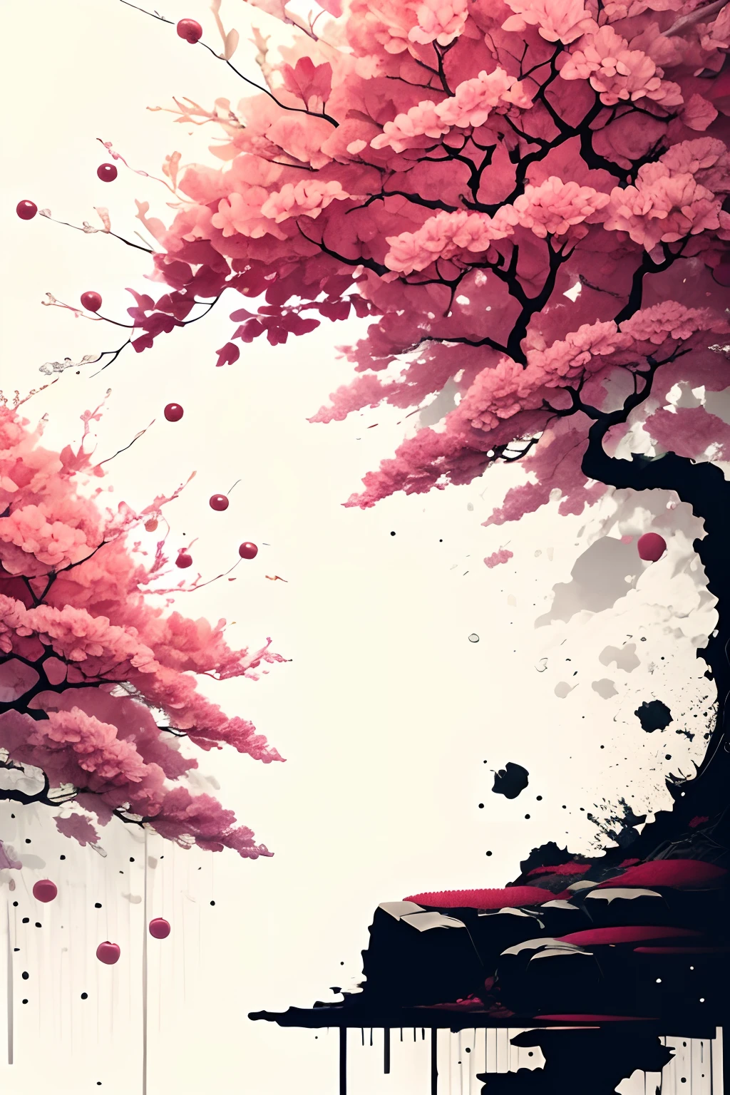 (white background: 1.3), scenery, rain from cherries, ink