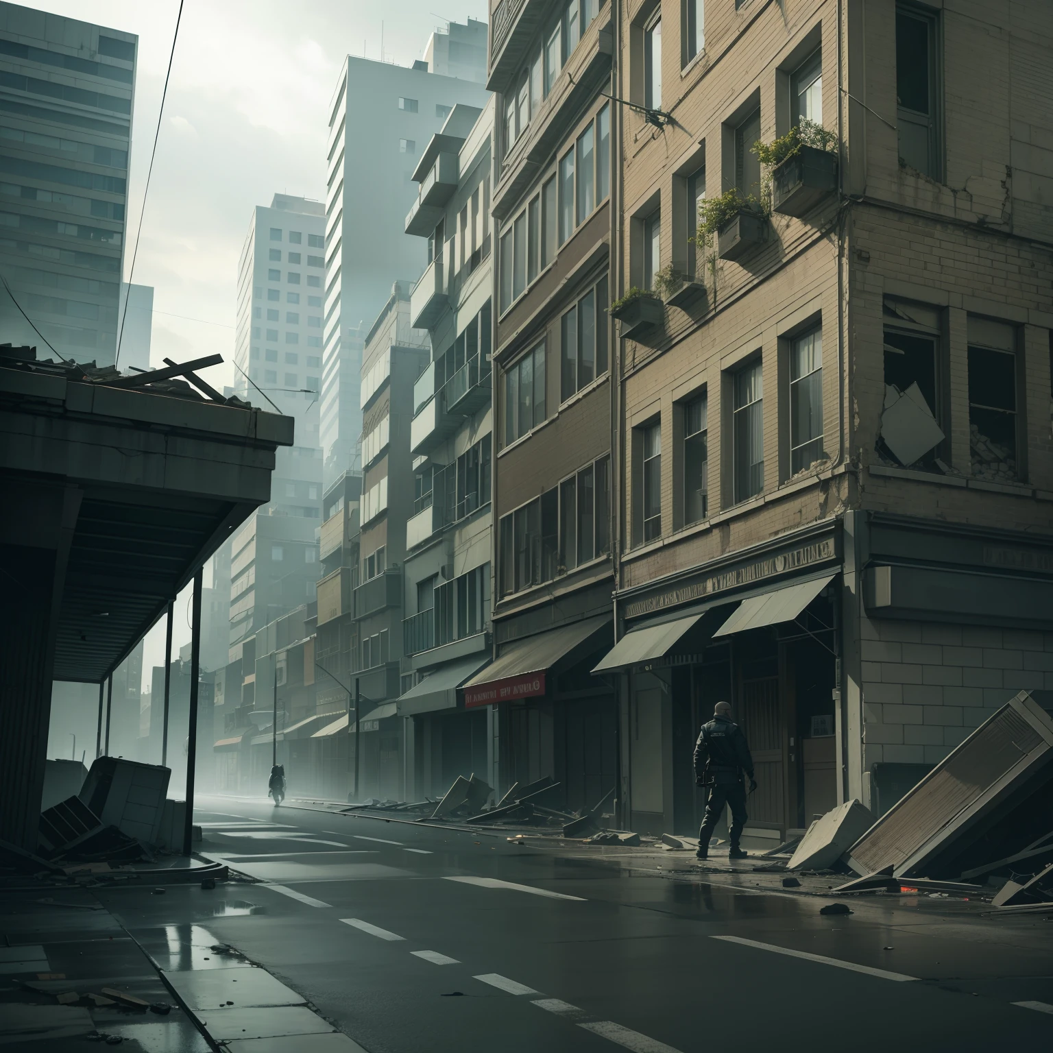 ultra-realistic, dynamic images, The city is in ruins. Buildings and establishments destroyed on all sides. dark and gloomy scene taking place at midnight, with one man in street clothes.