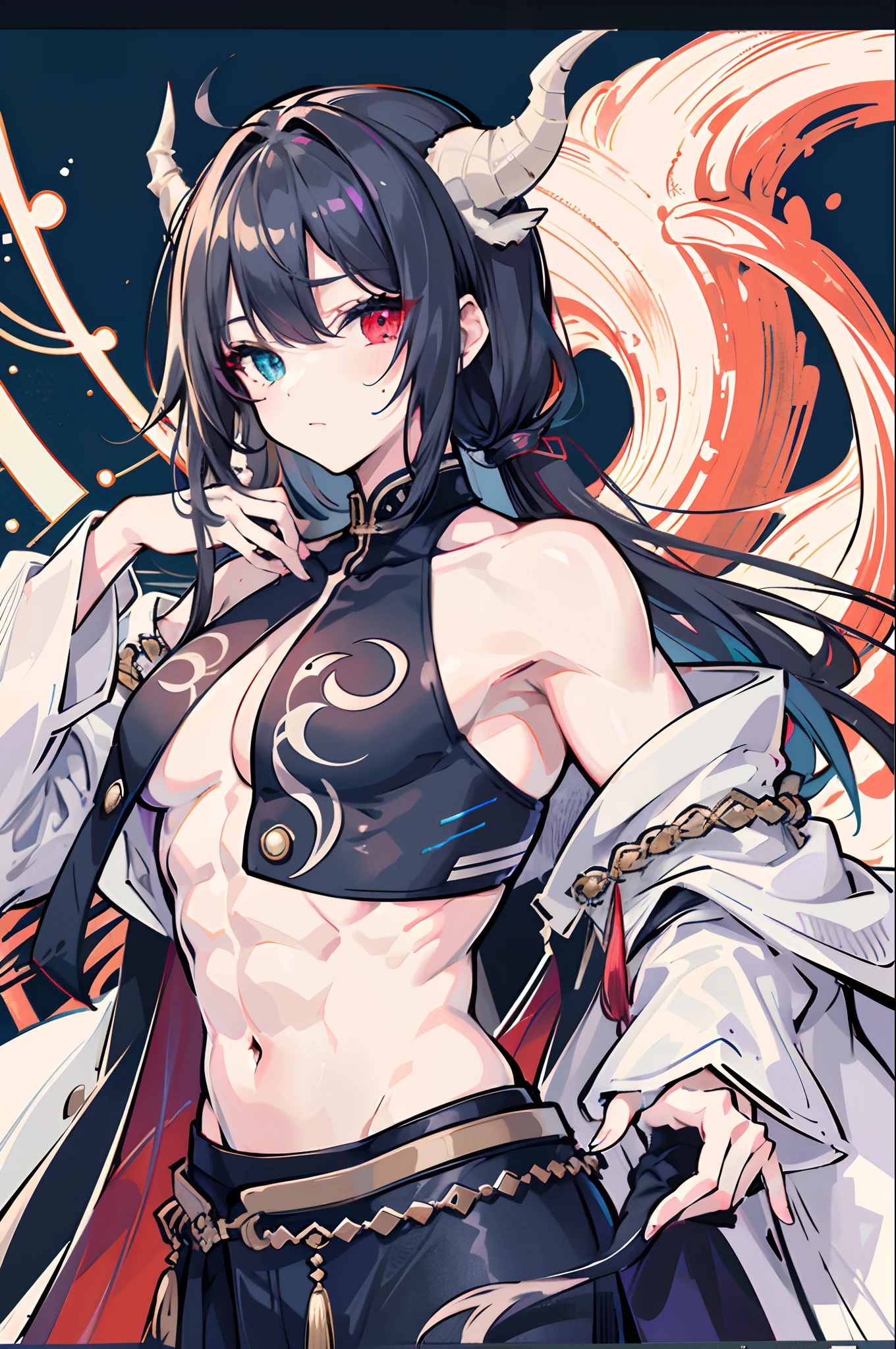 A young man, 独奏, Demon horn, {{{(Dark blue heterochromia), (Dark gray heterochromia)}}}, ((Hi-Res)), ((masuter piece)), ((Best Quality)), (Very detailed)), Large file size, fulcolor, Chiseled abs, Powerful biceps, Sculpted Chest, kimono