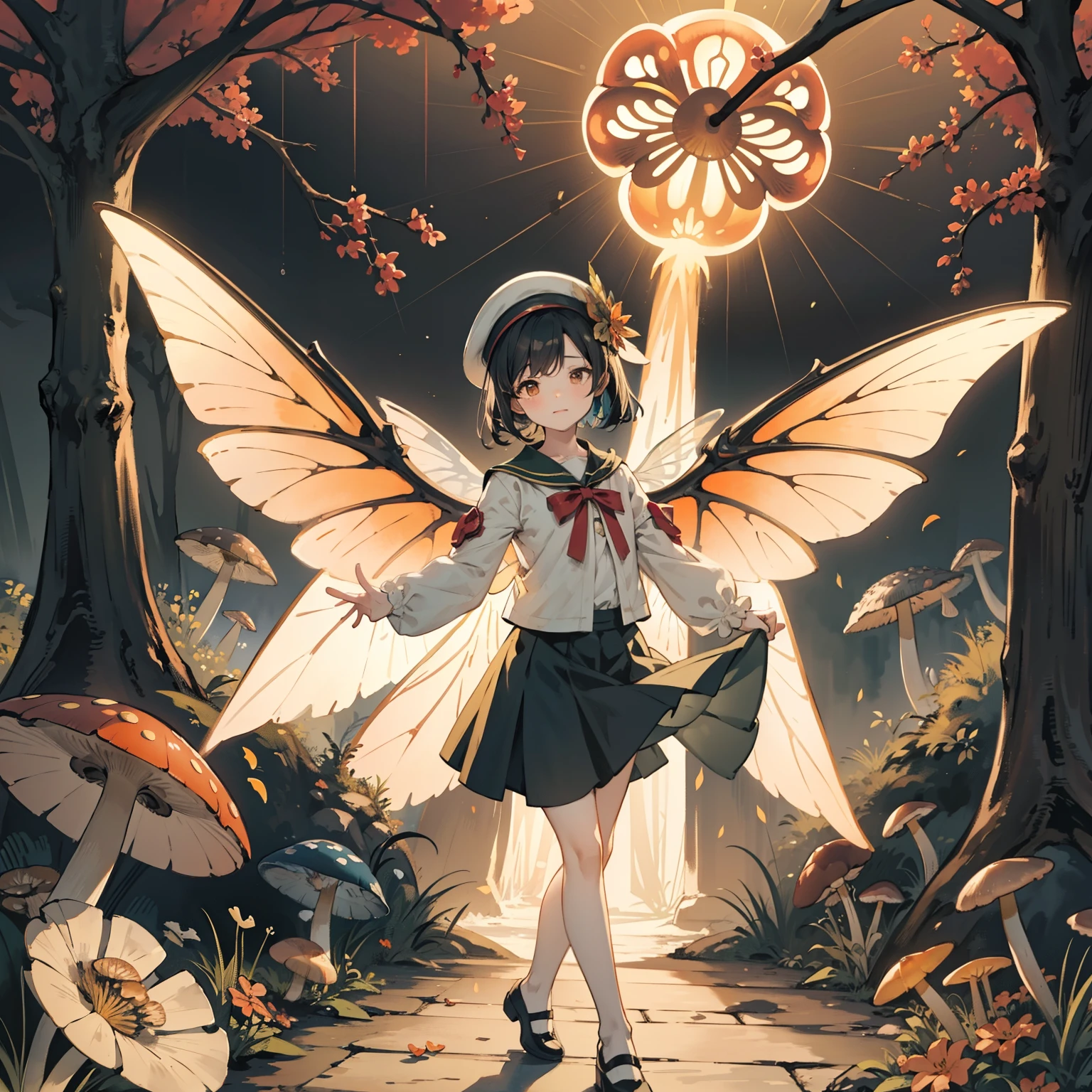 Beautiful and aesthetic,, Solo,Cute,Orange,pleatedskirt,Dance,It has dragonfly-like wings and membrane wings,Cogumelos,Mushrooms,Huge mushrooms,spore,(glowing ambiance, enchanting glow, luminouslighting, Ethereal atmosphere,Watercolor illustration, Perfect anatomy, Masterpiece, Best quality, 1girll, li,eature, landscape