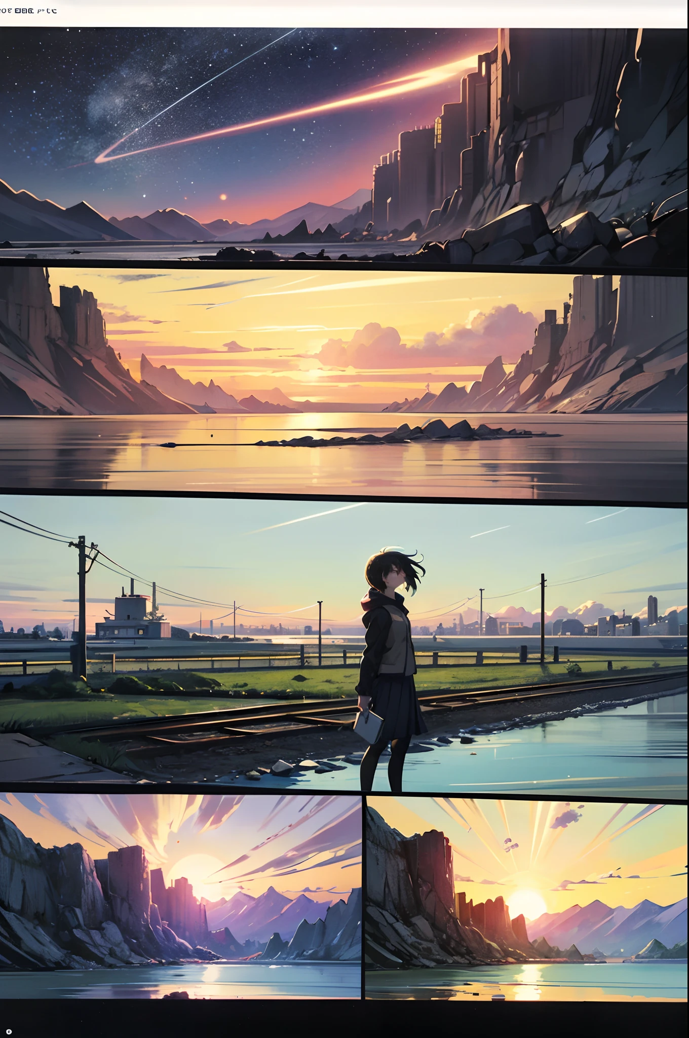 comic strip，Cartoon Split，Storyboard，Masterpiece, Anime train passing through bodies of water on tracks, Bright starry sky. Romantic train, Makoto Shinkai's picture, Pisif, concept-art, Lofi art style, Reflection. By Makoto Shinkai, Lofi art, beautiful anime scenes, Anime landscape, Detailed scenery —width 672, in the style of makoto shinkai, Makoto Shinkai's style, Enhanced detail.
