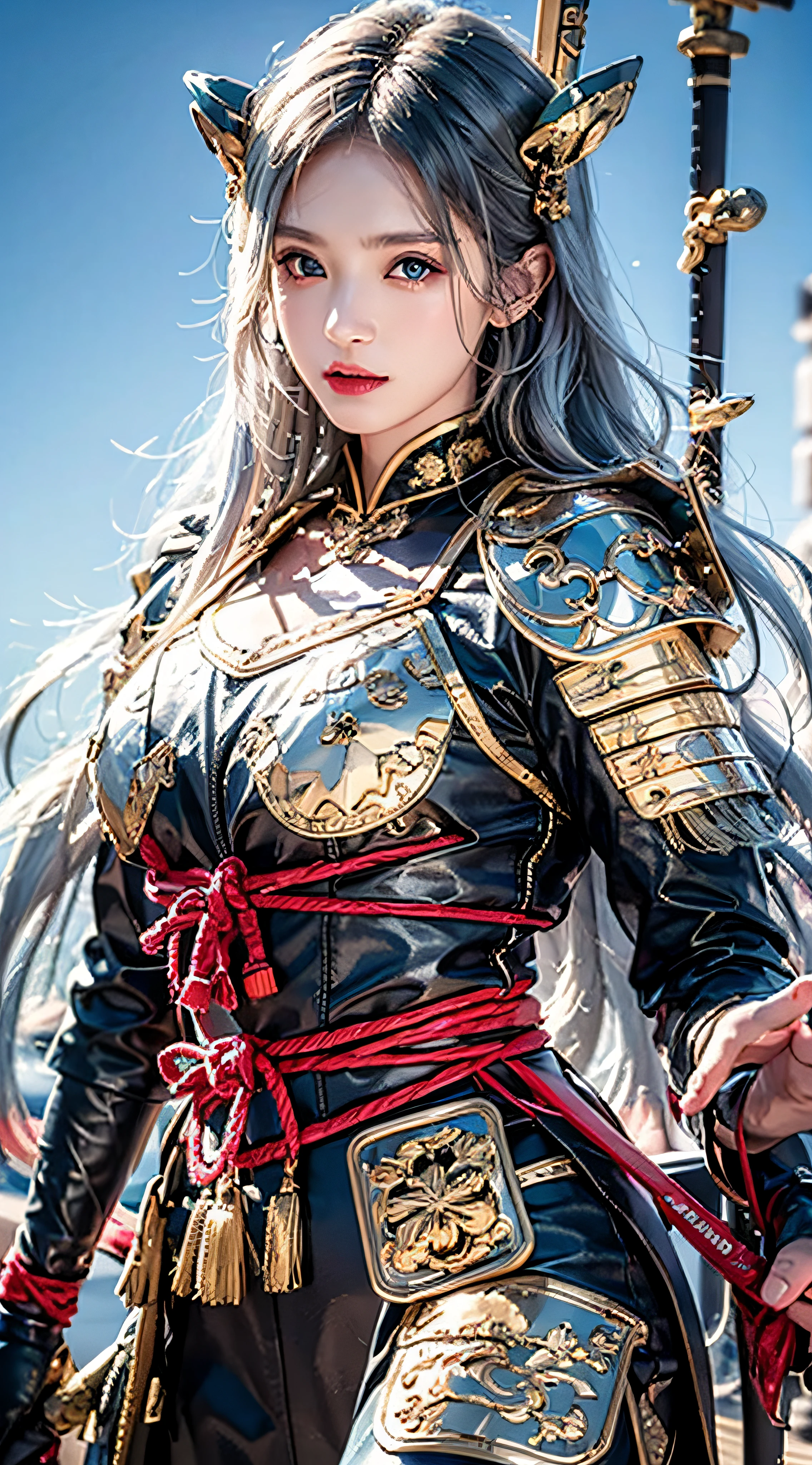 Photorealistic, masutepiece, Photorealistic, High resolution, Soft light, hips up high, Blue eyes, White hair, Long hair, Intricate details EABA, cloaks, spear, Samurai, armor, Japanese Katana Sword, Warrior, Samurai Helmet、A bell hangs on his chest