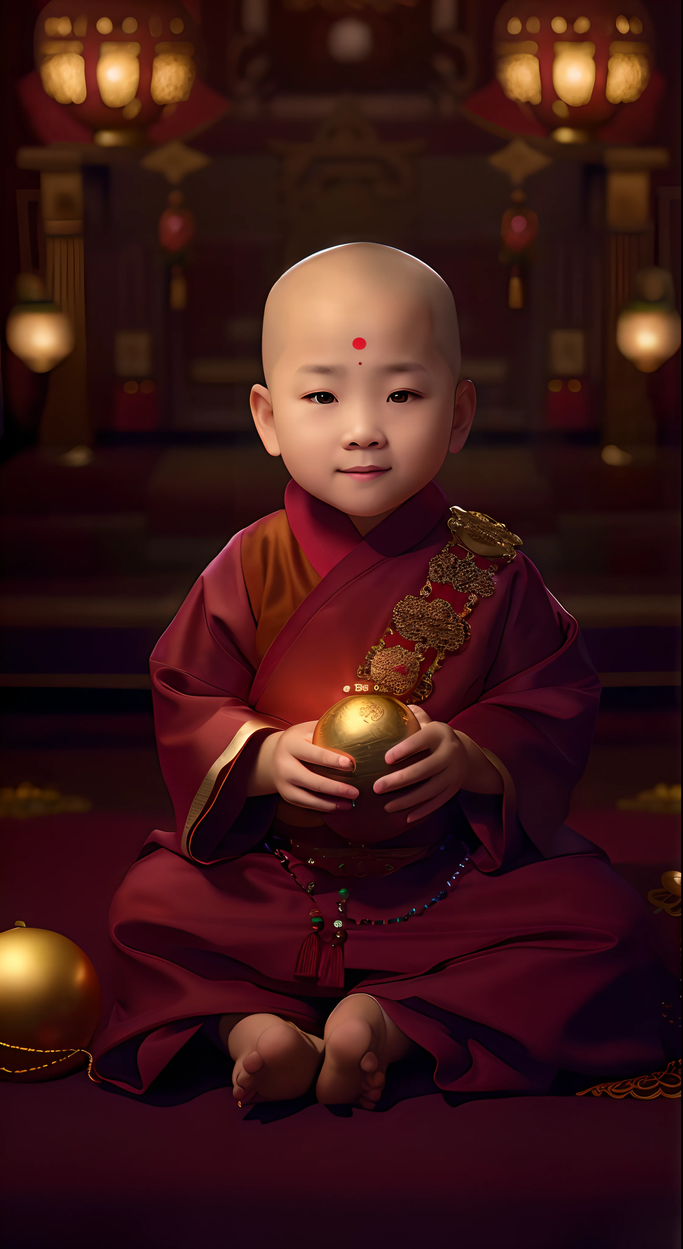 Happy smile，adolable，Big eyes with aura，best qualtiy，4K，8K，A high resolution，tmasterpiece：1.2，ultra - detailed，realisticlying，Photoreal：1.37，Cute digital artwork holding a golden gourd ball in red robe，Monk's robe，monk clothing，monk，Portrait photography，Buddhism，monk portrait，monk，21st century monk，Meditation monks，Wearing a gilded red robe，Buddhists，monk，Close-up portrait photography，Buddhist monk meditation，Wearing a red robe，High-quality portraits