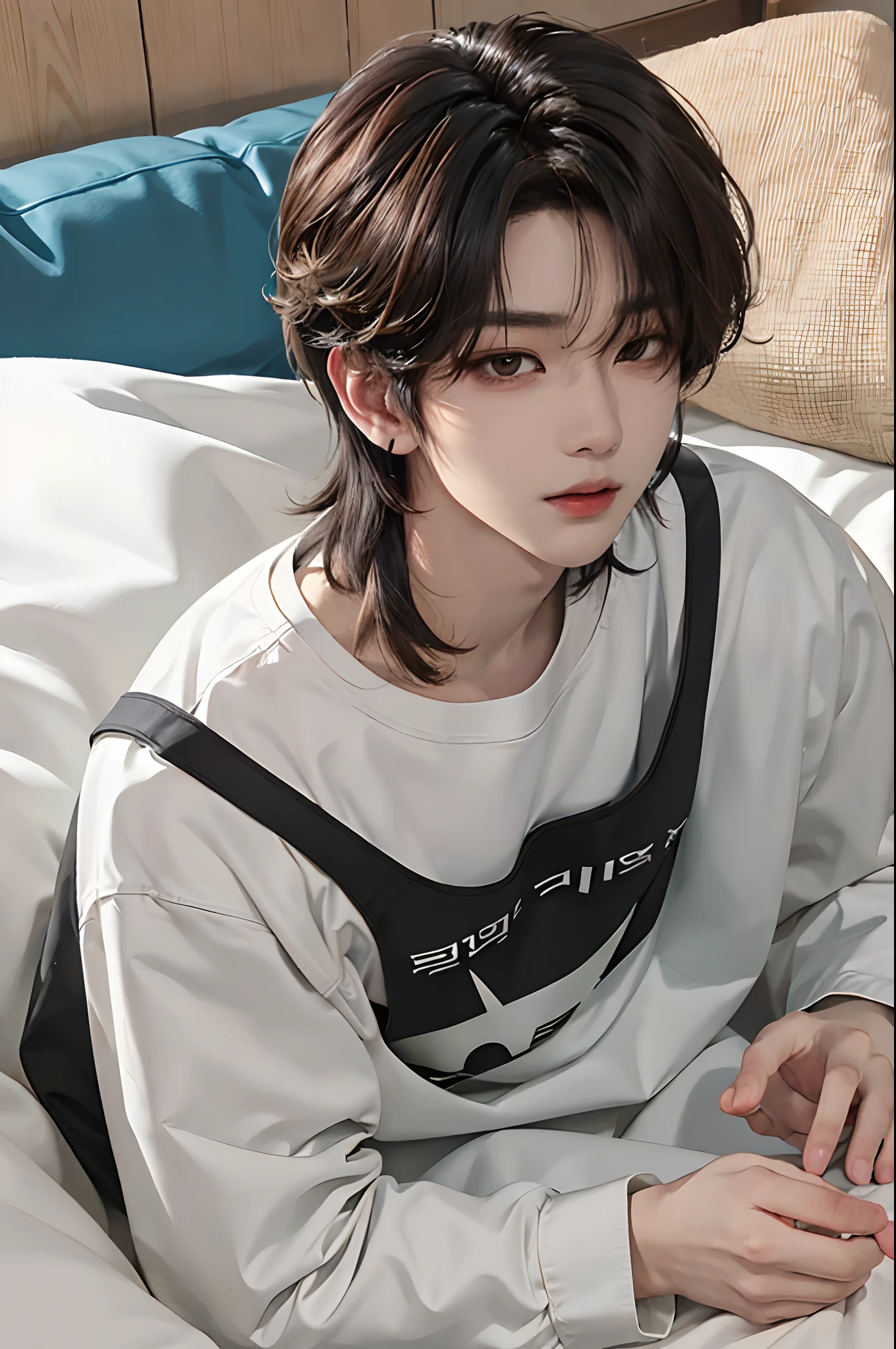 ​masterpiece、top-quality)、One Manly Boy、Slim body、((Black and white plain clothes:1.1))、(Detailed beautiful eyes)、Photo session in the bedroom、Face similar to Chaewon in Le Selefim、((short hair above the ears))、((Smaller face))、((Neutral face))、((Light brown eyes))、((Korean boy))、((18year old))、((Handsome man))、((Wild look))、((Korean Makeup))、((elongated and sharp eyes))、((Happy dating))、((Lying on the futon))、((Looking Up))、((shot from front))