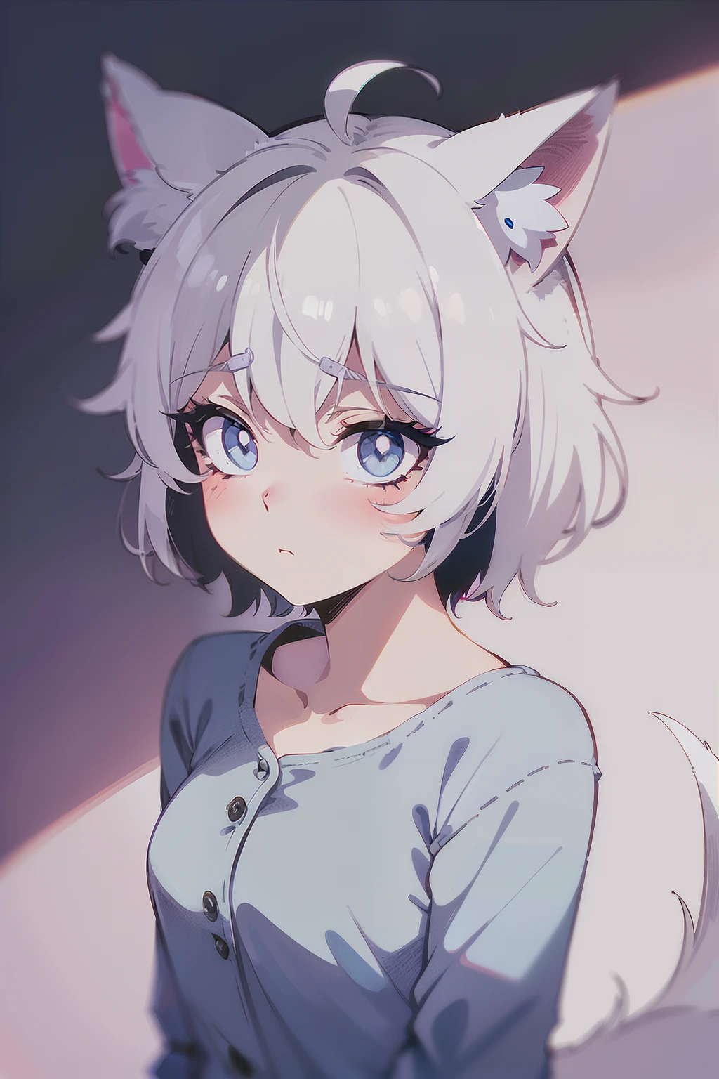 High quality, 1girl, ((((Candy Candy anime style)))), (wolf girl, wolf ears, wolf tail), animal ears, animal tail, ((((short hair)))), ((silver white hair)), hair clip, ((hair tap eye)), ((blue eyes)), long eyeslashes, eyeliner, (((small breasts, old pijama))), ((worried, sad expression, mellancholic look, blue eyes)), (white background), closed_mouth, blush, eyelashes, detailed shadows, detailed body, detailed eyes, detailed lines, (((manga style, manga coloring, 4K))).