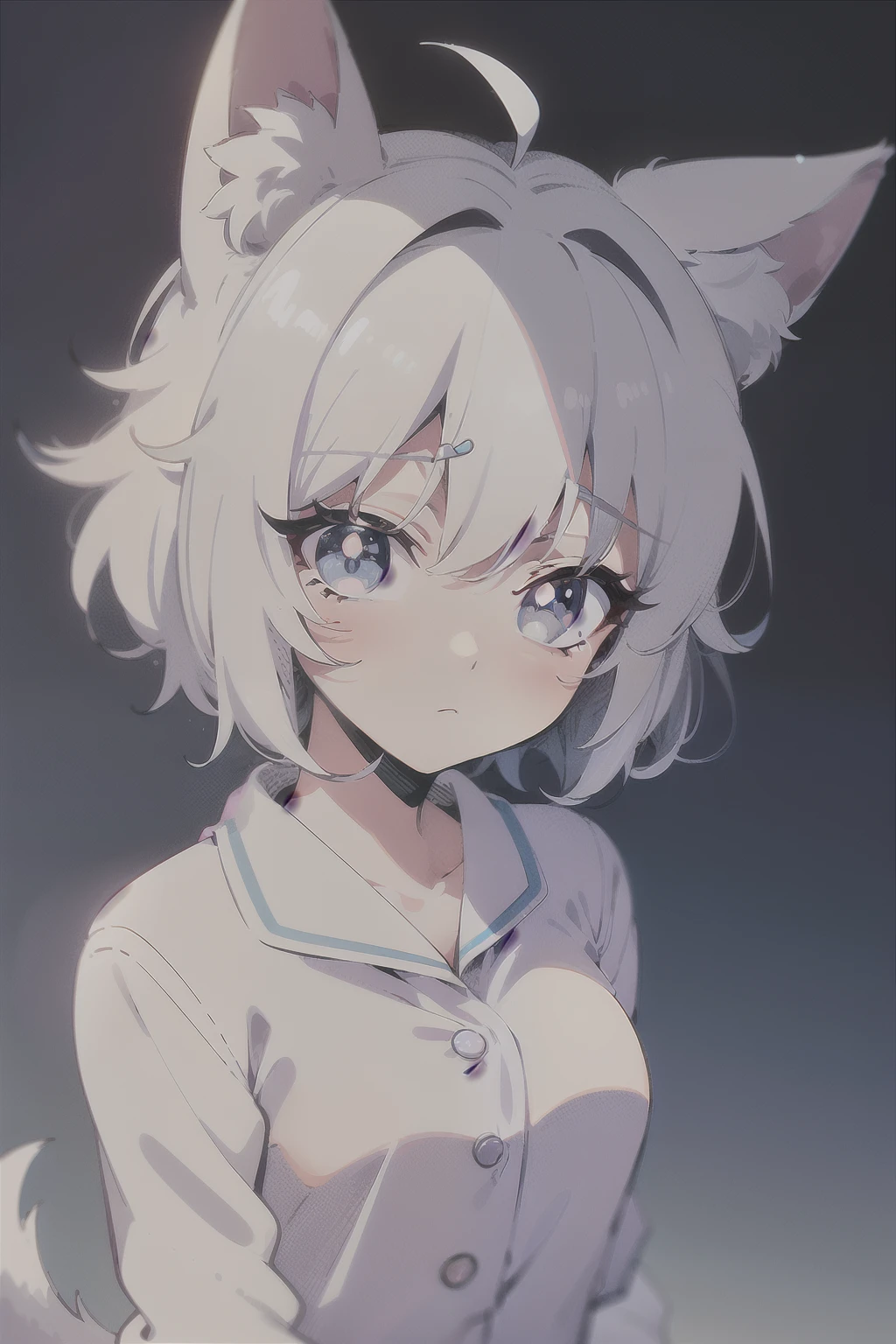 High quality, 1girl, ((((Candy Candy anime style)))), (wolf girl, wolf ears, wolf tail), animal ears, animal tail, ((((short hair)))), ((silver white hair)), hair clip, ((hair tap eye)), ((blue eyes)), long eyeslashes, eyeliner, (((small breasts, old pijama))), ((worried, sad expression, mellancholic look, blue eyes)), (white background), closed_mouth, blush, eyelashes, detailed shadows, detailed body, detailed eyes, detailed lines, (((manga style, manga coloring, 4K))).