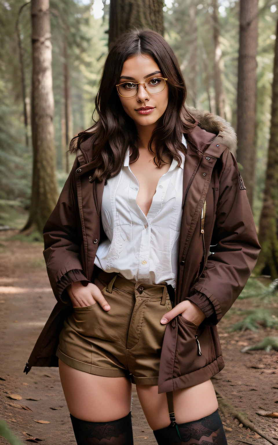 cute beautiful brunette, wearing a thick winter coat and stockings, in the forest, wearing glasses, wide angle shot, full body view, very detailed, 22 years old, short hair, brown eyes, high-res, masterpiece, best quality, intricate details, highly detailed, sharp focus, detailed skin, realistic skin texture,detailed eyes, professional, 4k, smile, shot on Canon, 85mm,shallow depth of field, kodak vision color, eyeshadow, extremely detailed, photo_\(ultra\), photorealistic, realistic, post-processing, max detail, roughness, real life, ultra realistic, photorealism, photography, 8k uhd, photography,