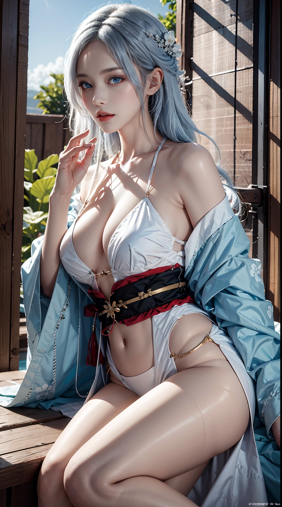 photorealistic, masterpiece, photorealistic, high resolution, soft light, waist up, blue eyes, white hair, long hair, sexy body, kimono