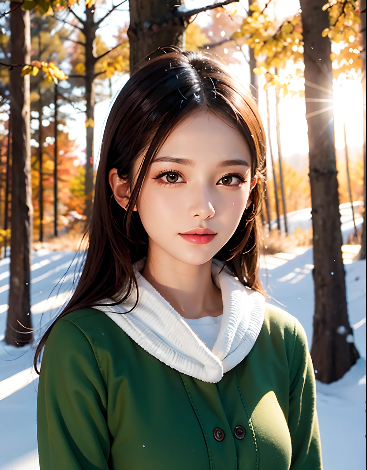 a lovely painting of a girl in the forest with light snow falling,