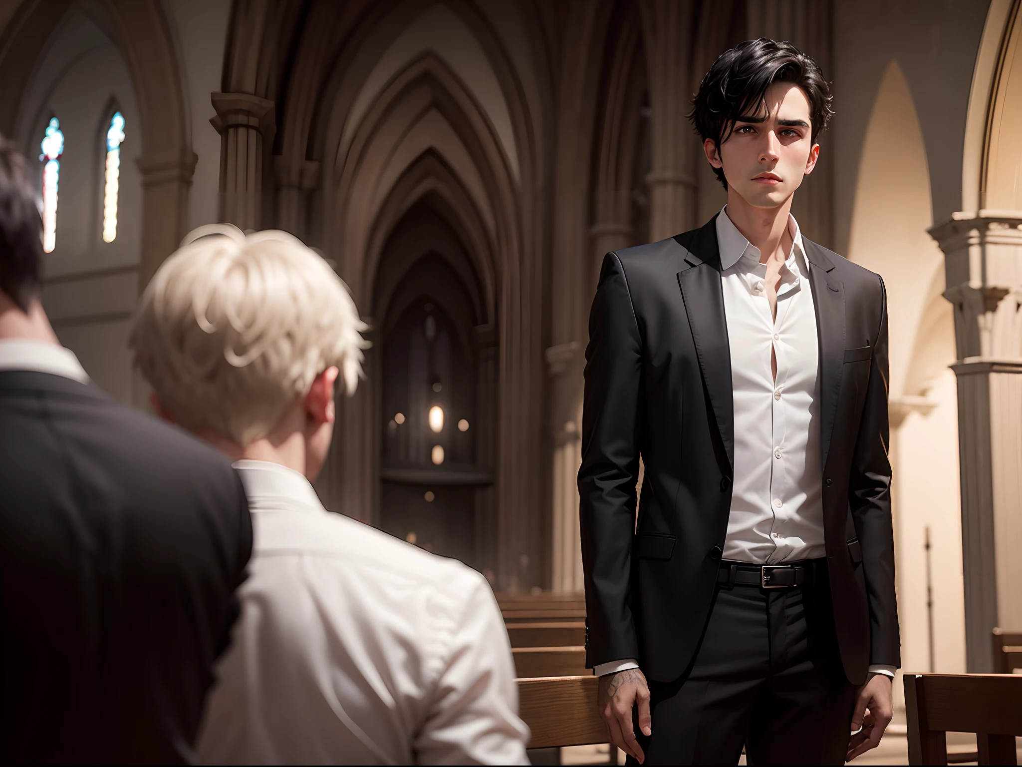 realistic 8k image of a 25-year-old man, short black hair, dressed in a black blazer and a white blouse underneath, expression of sadness, standing in an evangelical church set up for a wedding, night scene