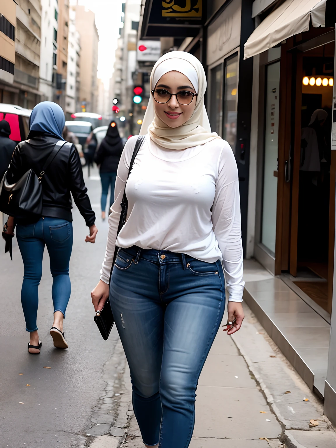 thicc Egyptian mom . modern outfit,jeans,hijab,optimistic,street photography