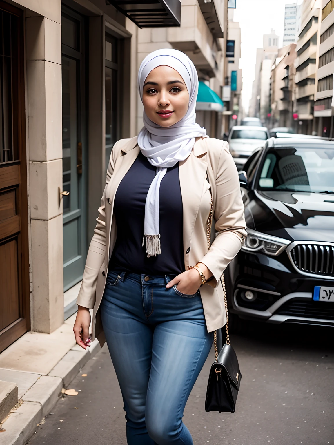 thicc Egyptian mom . modern outfit,jeans,hijab,optimistic,street photography