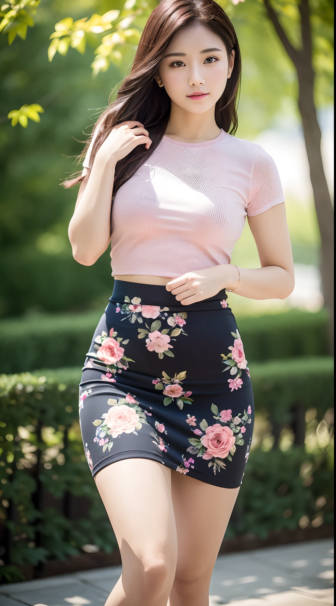 Canon R7 imaging effect,Beautuful Women,Slightly fat,A half body,Floral tight-fitting skirt,depth of fields,8k,Works of masters,super-fine,The eyes are sharply focused,ultra - detailed,best qualtiy