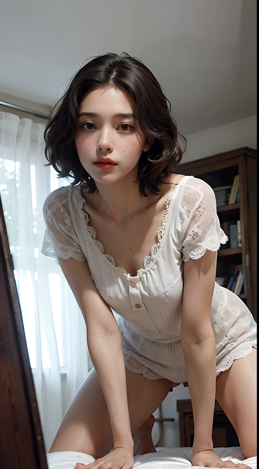 (photoreallistic, Photo brute, Highest quality, tmasterpiece, Best quality, corps parfait, beautifull detailed face, premier quality, Taille du fichier Khuge, super detail, High resolution, Very detailed, highly detailed, 8k wallpaper, detailed beautiful skin), Slim Girl Model, 24 years old female model, Sexe, (vaginal :1.2), legs apart, Jambes grandes ouvertes, leaning forward, Dans une chambre sombre, La nuit, (Chemise de nuit Sexey), (chemise de levage:1.3), (petits seins), (Faceless male:1.3), POV, (from below)