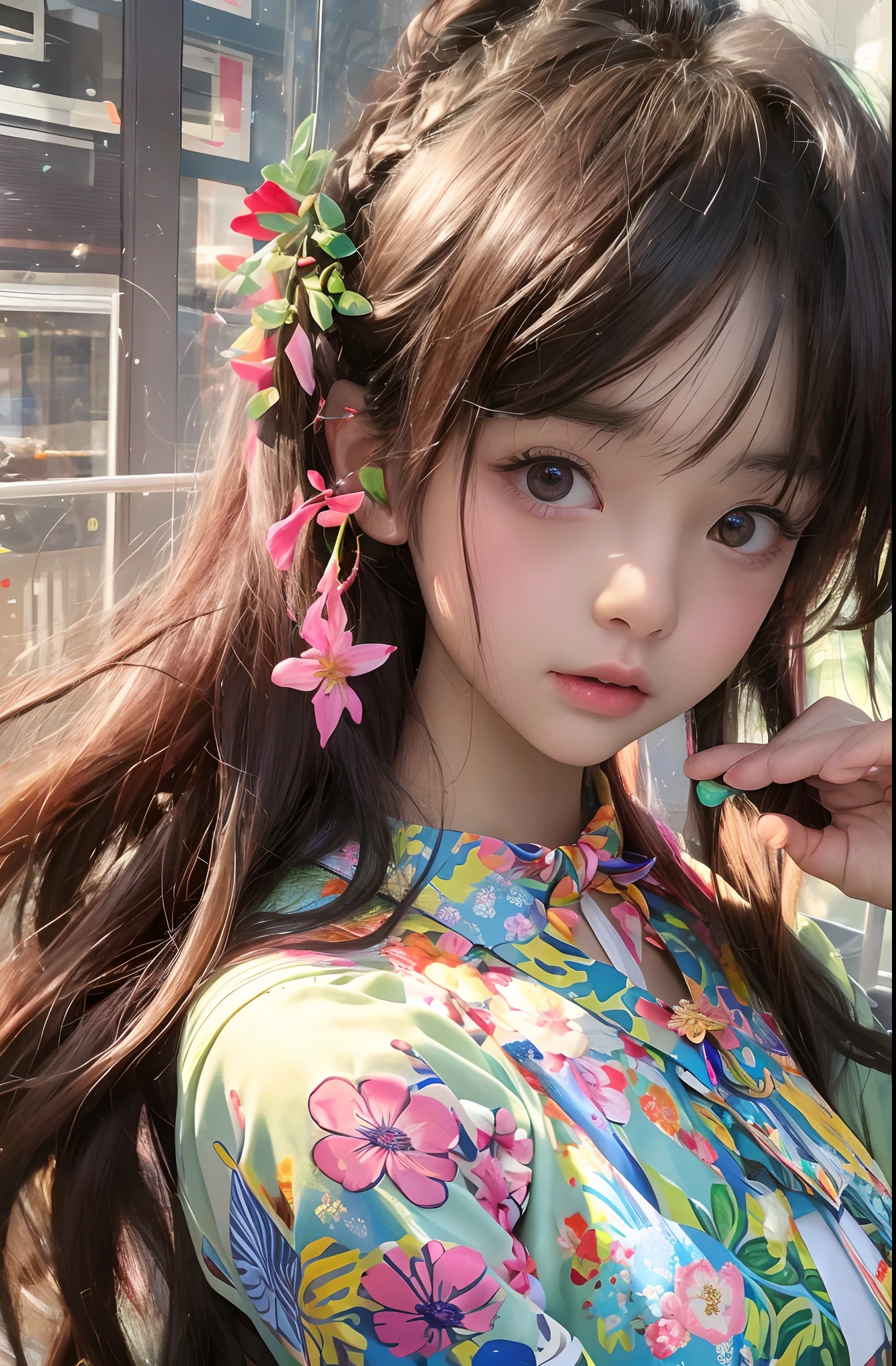 （Need，tmasterpiece），1girll，Pose，Particle，ventania，florals，The upper part of the body，simplebackground，looking at viewert，Focus on the face，The color hair，详细的脸，realisticlying，