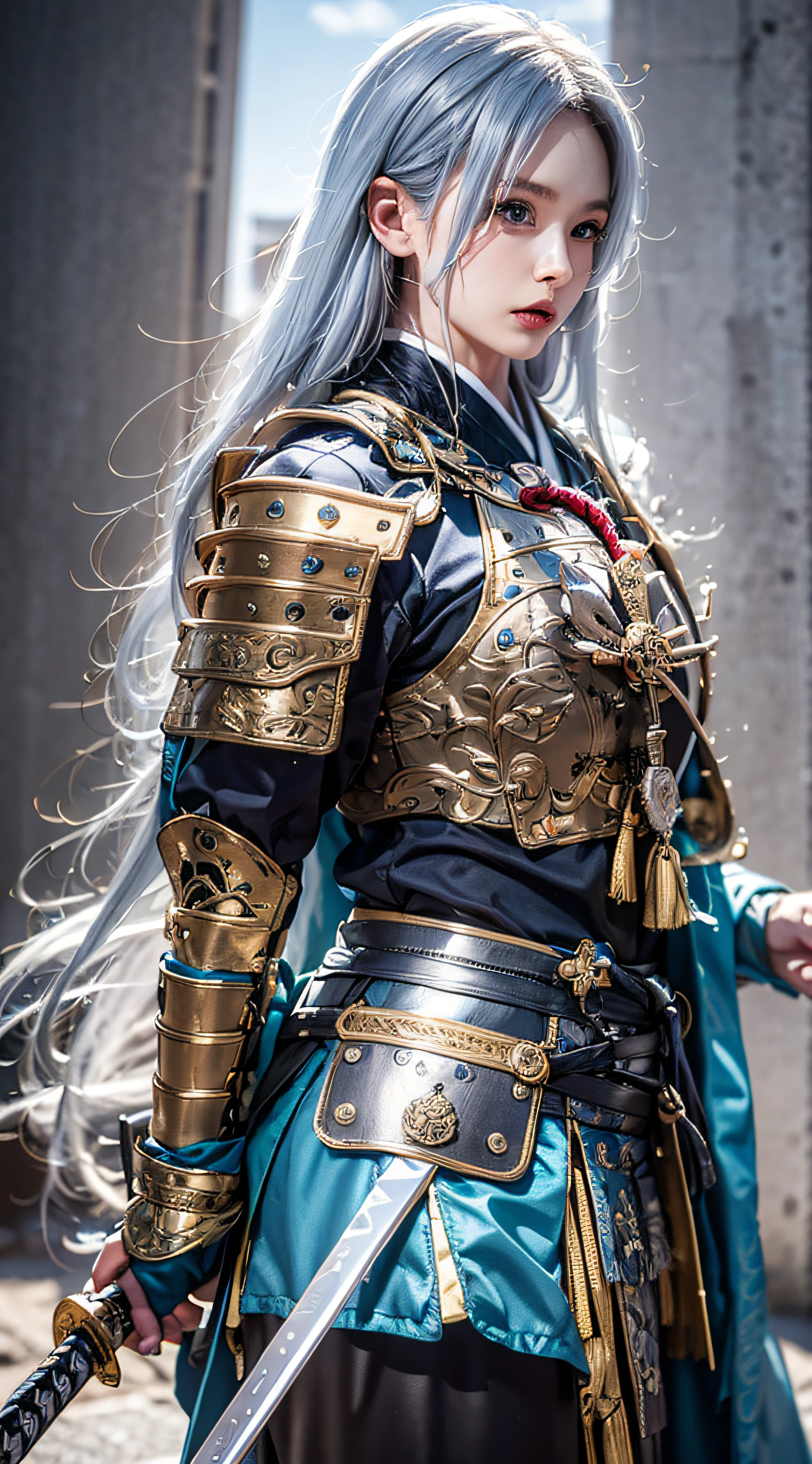 Photorealistic, masutepiece, Photorealistic, High resolution, Soft light, hips up high, Blue eyes, White hair, Long hair, Intricate details EABA, cloaks, spear, Samurai, armor, Japanese Katana Sword, Warrior, Samurai Helmet、A bell hangs on his chest