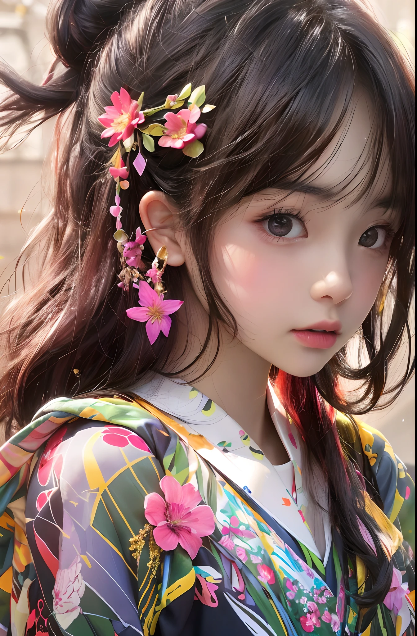 （Need，tmasterpiece），1girll，Pose，Particle，ventania，florals，The upper part of the body，simplebackground，looking at viewert，Focus on the face，The color hair，详细的脸，realisticlying，