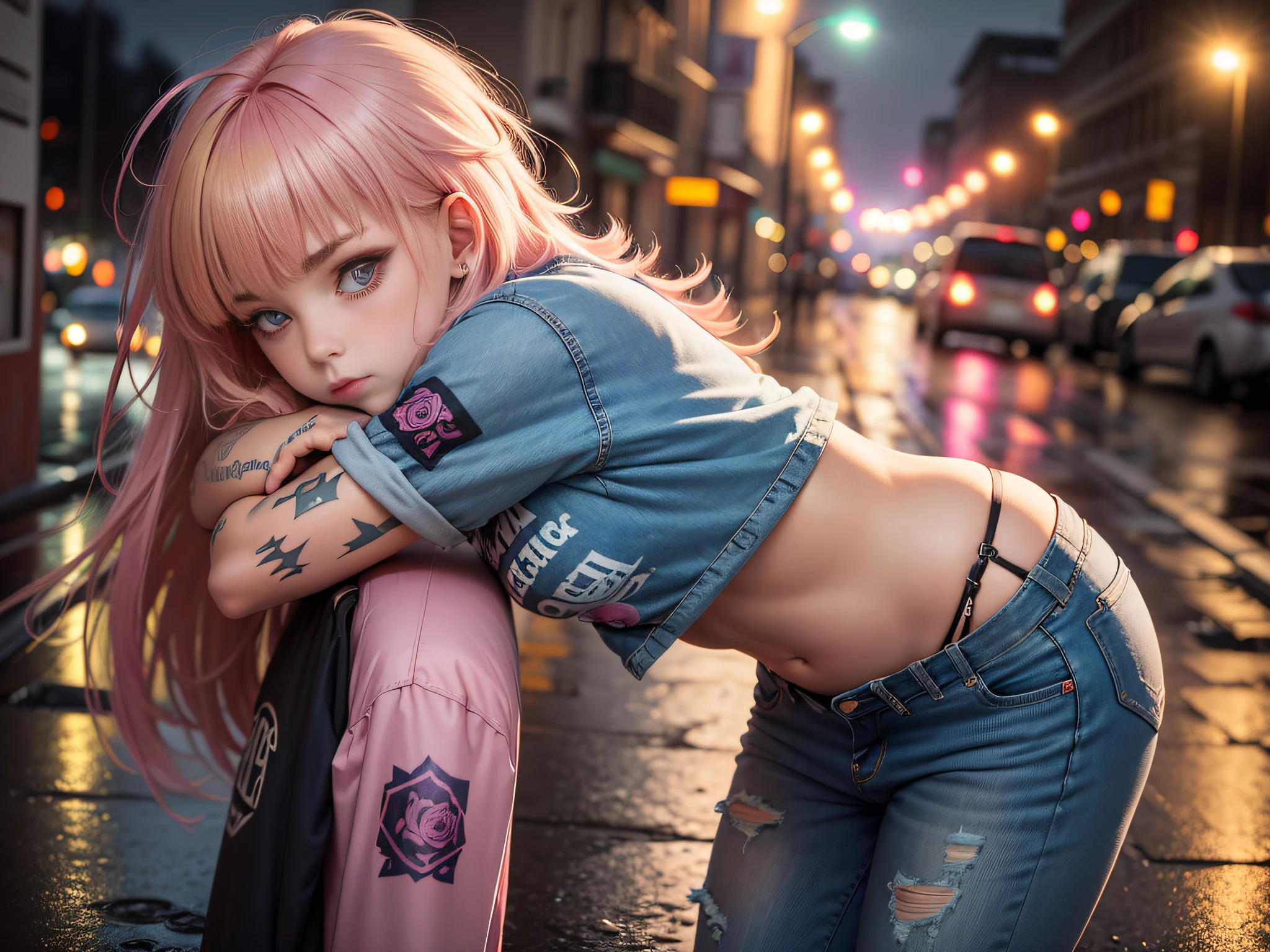 Photographie en gros plan, Jeune femme suicide girl avec des tatouages sur le corps, toute petite poitrine sous son t-shirt, confident in blond and pink gradient multicolored hair with bangs and duvets, porter un blouson en jeans sans manches avec des motifs roses et bleus dessus, in a street soaked by rain at night, photoreallistic, lighting cinematic