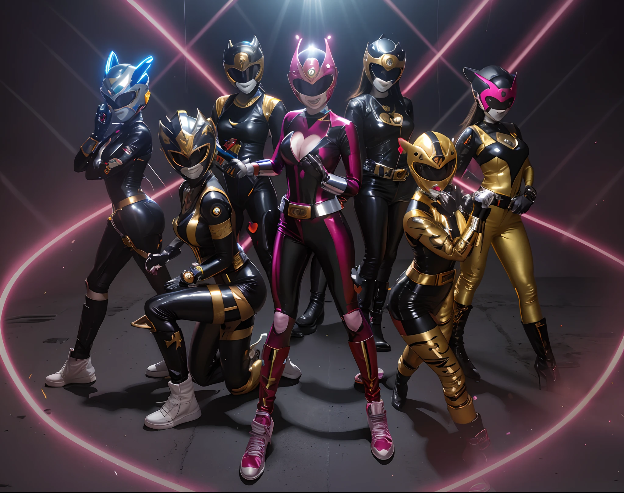 super SENTAI, Power Ranger, black latex, high leg, 5girls. evil figure, whole body,sexy pose, empty eyes, chained to machines, forehead, Heart tattoo, glowing tube, helmet, colorful lightning, headphone, chastity belt, ecstasy, costume with visible navel, glitter on costume