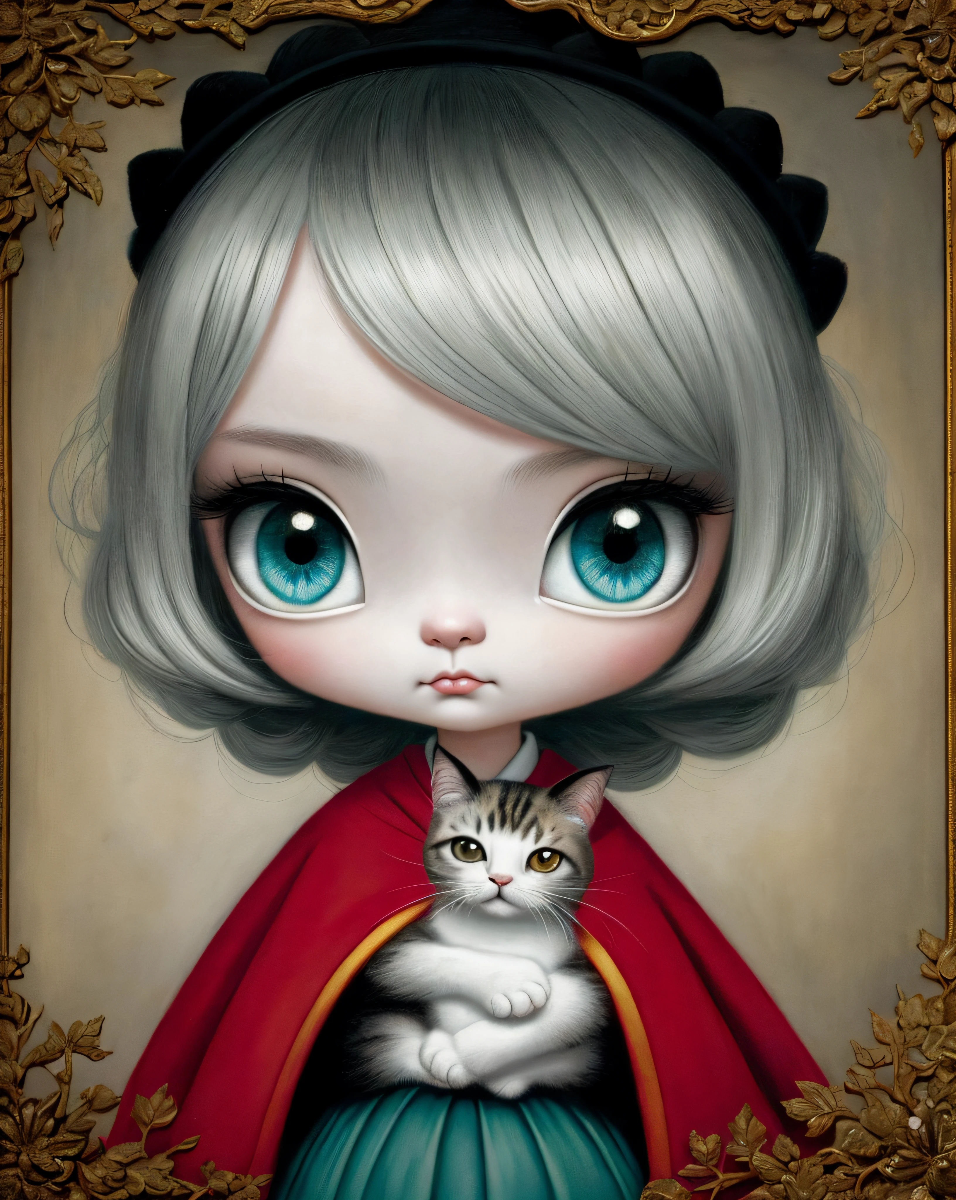 There is a painting of a girl holding a cat, Adorable pintura digital, Mark Ryden en el estilo de, Estilo Mark Ryden, Estilo de Mark Ryden, Lindo arte digital, inspirado por Mark Ryden, Mark Ryden muy detallado, Lindo arte digital detallado, benjamin lacombe, Lori Earley, inspirado por Nara Yoshitomo