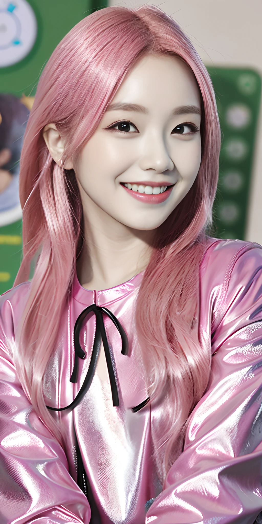 tmasterpiece，Best quality at best，photograph realistic，asda，the face，1girl，heads，Thick lips，with pink hair，sitted，moisty，shiny skins，mix4，Smile，adolable