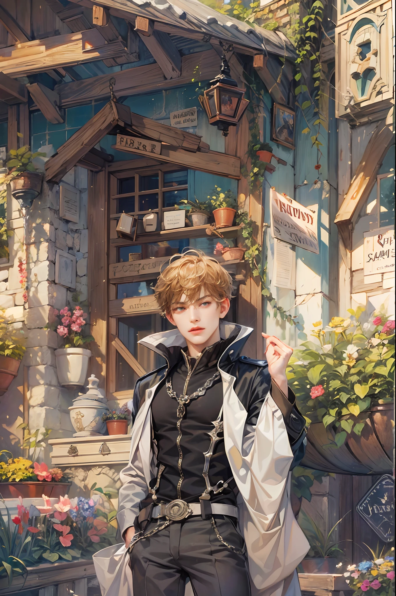 (absurdres, highres, ultra detailed, HDR), masterpiece, best quality, "rhapsody a musical adventure" ps1 game character, boy hero with short hair, detailed face, handsome face, anime eyes, at the town, detailed character, detailed outdoor scenery, art kenouji