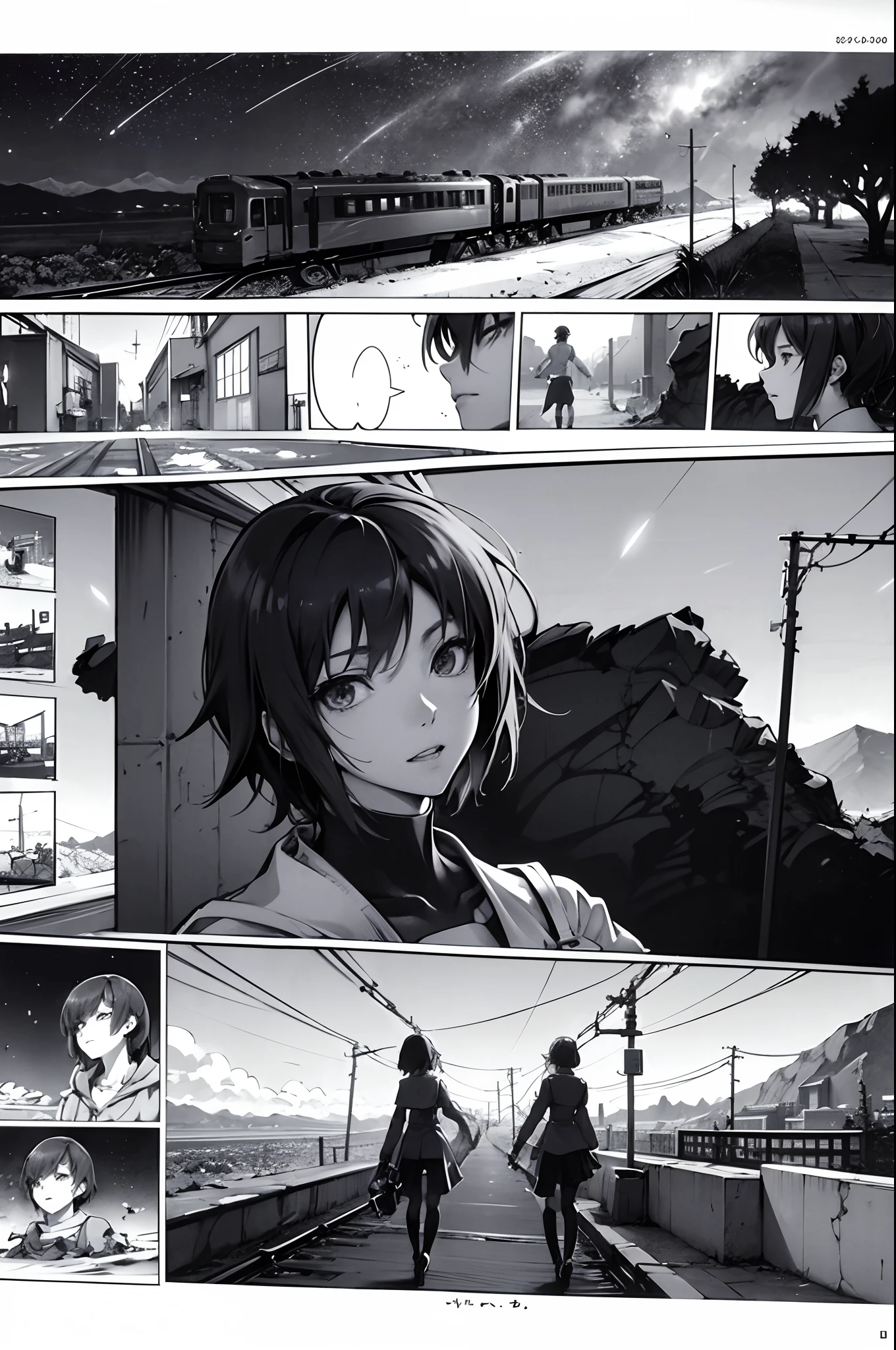 comic strip,Cartoon Split,Storyboard,Masterpiece, Anime train passing through bodies of water on tracks, Bright starry sky. Romantic train, Makoto Shinkai's picture, Pisif, concept-art, Lofi art style, Reflection. By Makoto Shinkai, Lofi art, beautiful anime scenes, Anime landscape, Detailed scenery —width 672, in the style of makoto shinkai, Makoto Shinkai's style, Enhanced detail.