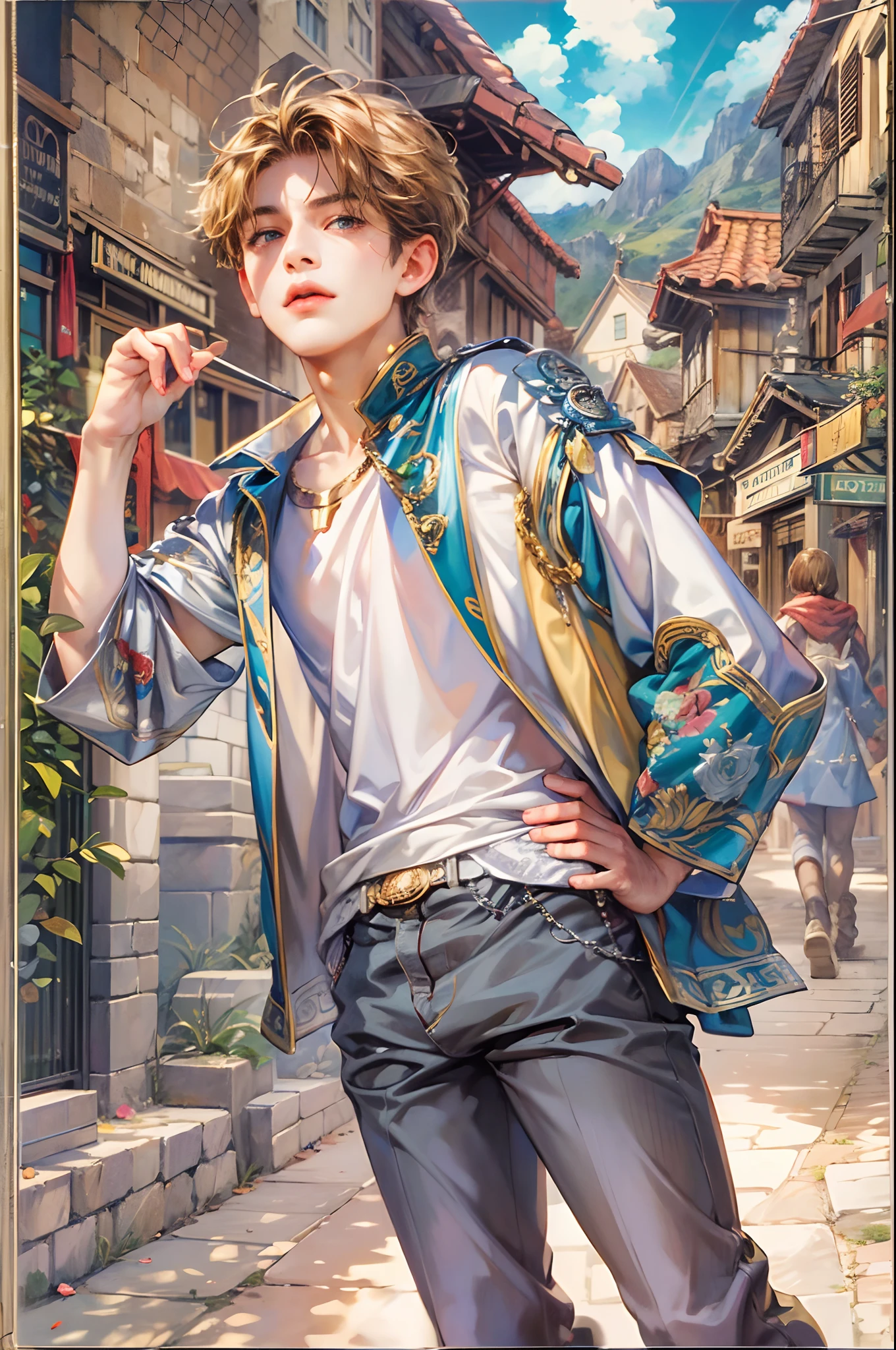 (absurdres, highres, ultra detailed, HDR), masterpiece, best quality, "rhapsody a musical adventure" ps1 game character, boy hero with short hair, detailed face, handsome face, anime eyes, at the town, detailed character, detailed outdoor scenery, art kenouji