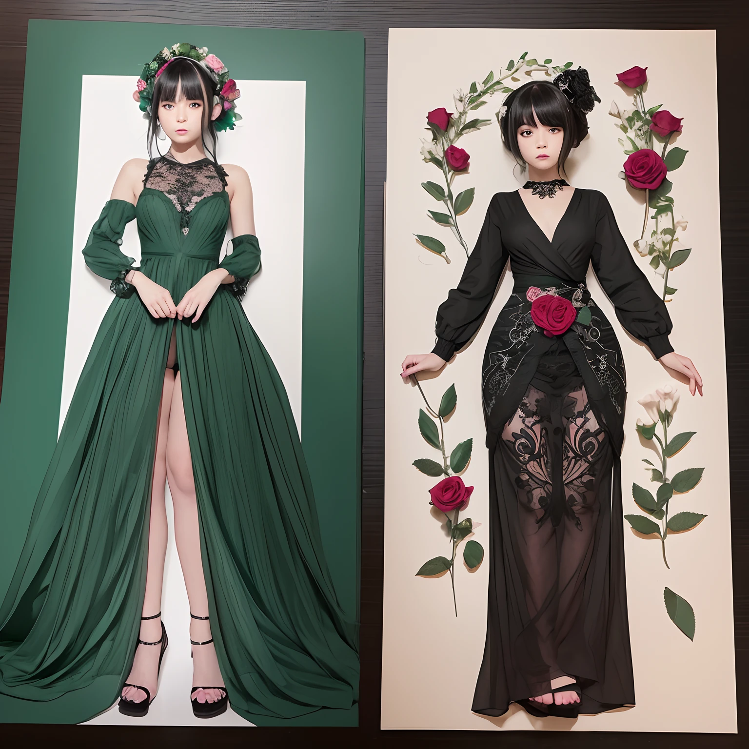 Black and dark green stick figure woman with rose flowers in background, loli in dress with roses, its fine ink line art, comic style, portrait of ploynesian woman, full body, perfect body, glam, beautiful line art, black and dark green comic style, manga art style, Line art Style, pencil and ink caricature drawing, black and dark green coloring, full body style, perfect Anatomy up Style --auto