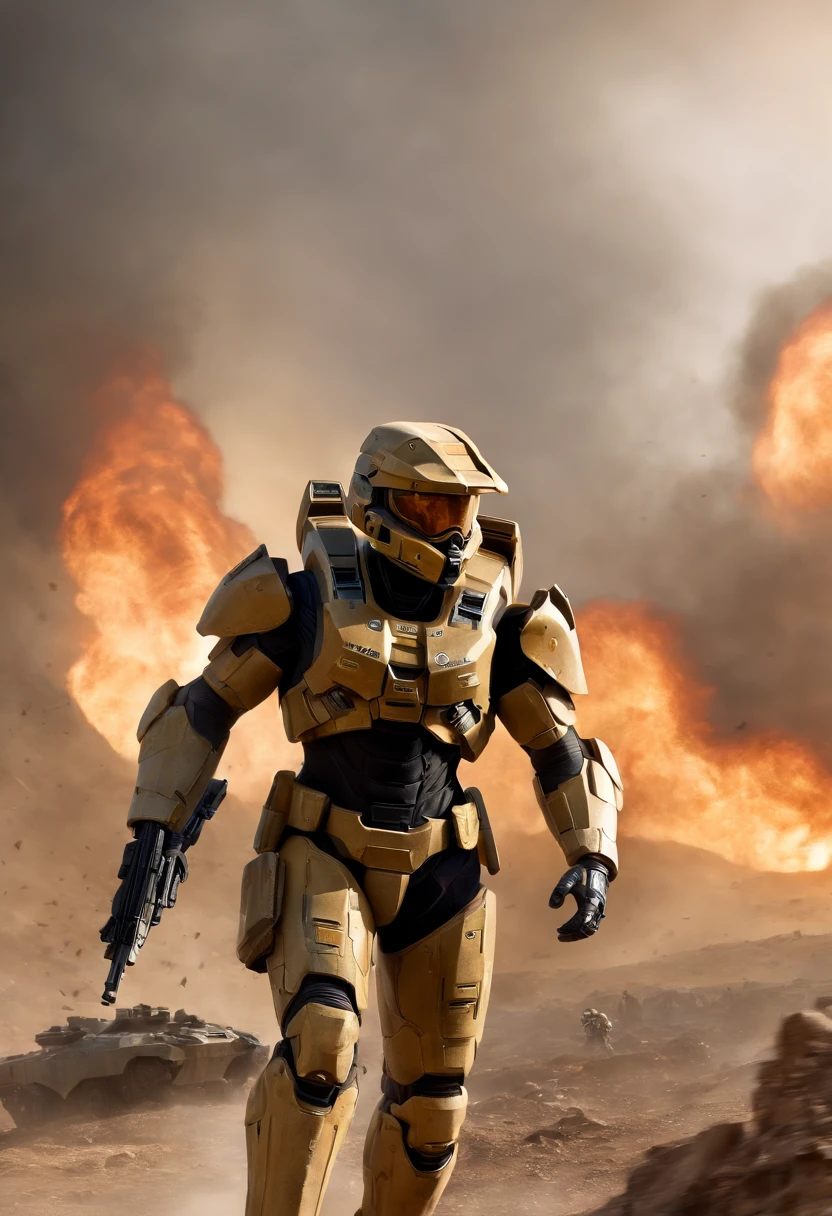 A captivating Halo Reach landscape with a Spartan amidst a battlefield, fallen enemies around, smoke and fire in the background, emphasizing the Spartan's determination and bravery, detailed environment blending chaos and beauty, Illustration, digital art, --ar 16:9 --v 5