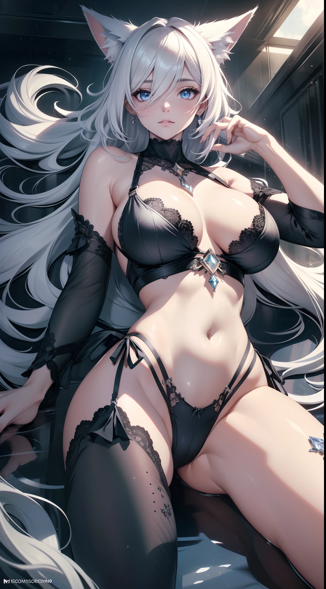 full bodyesbian, masterpiece, Best quality at best, offcial art, Very detailed CG 8k wallpaper, (flying petal)(Detailed ice), Crystal texture of the skin, Grim expression, (fox ear), white hair, long white hair, messy  hair, eBlue eyes, Medium breasts, looking at viewer, Hands are truly optimized, The foot is truly and reasonably optimized, very fine and beautiful, A high resolution, Underwear lace (transparent pubic hair, Silky), Navel-baring, Sling pajamas black silk (transparent pubic hair, Silky), Strangle leg rings, close-up on legs, Unilateral ponytail with white hair, Flushed face, Lie down, Background bed, water stain on body, (Close up of transparent water stains), lots of resolution, Close-up of the hand, The lines are clear and realistic, photograph realistic, best quality, tmasterpiece, Extremely refined and beautiful, extremely details, CG 8K, Amazing Cleavage, finely detailed, tmasterpiece, Best quality at best, extremely detailed CG unity 8k wallpaper,